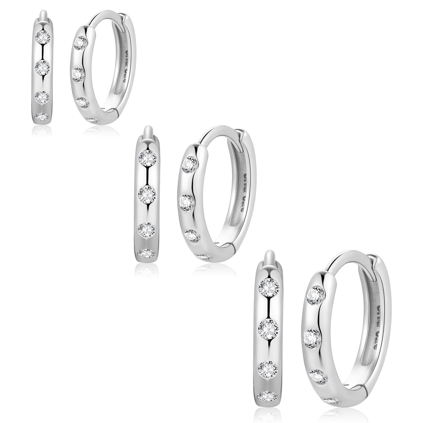 3 Pairs Sterling Silver Small Hoop Earrings with Cubic Zirconia - Tiny Cartilage Huggie Hoop Earrings for Women (8mm/10mm/12mm) | Perfect for Everyday Wear, Gifts & Piercing Jewelry