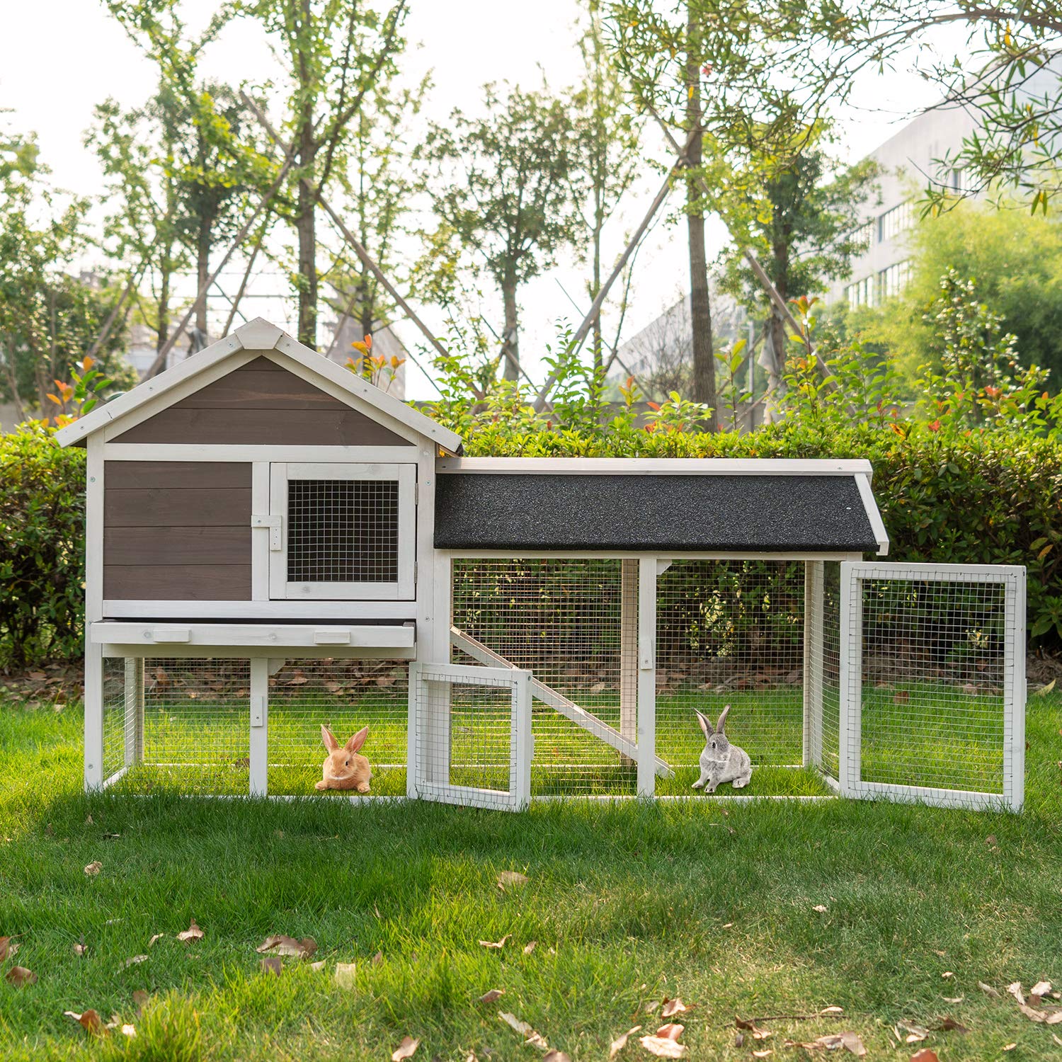 Wooden Rabbit Hutch with Removable Tray & Ramp - Outdoor Bunny Cage for Small Pets