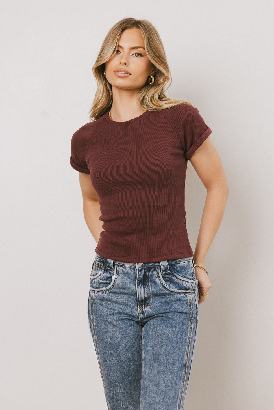Kammie Ribbed Basic Tee for Women - Soft Stretch Maroon T-Shirt - Casual Everyday Wear & Layering Essential