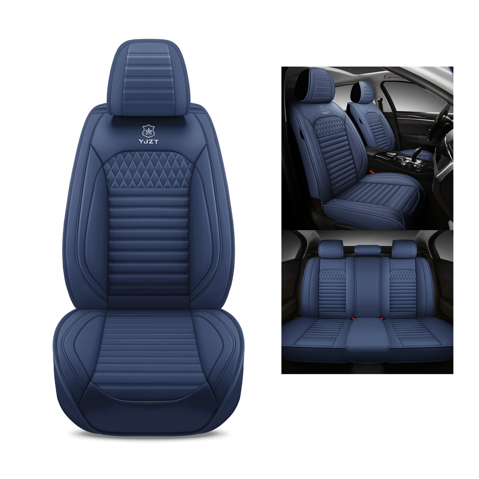 Premium Blue Leather Car Seat Covers - Universal 5-Seater Full Set for Most Cars, SUVs & Pickup Trucks - Comfortable & Durable - Perfect for Daily Commute, Road Trips & Family Outings