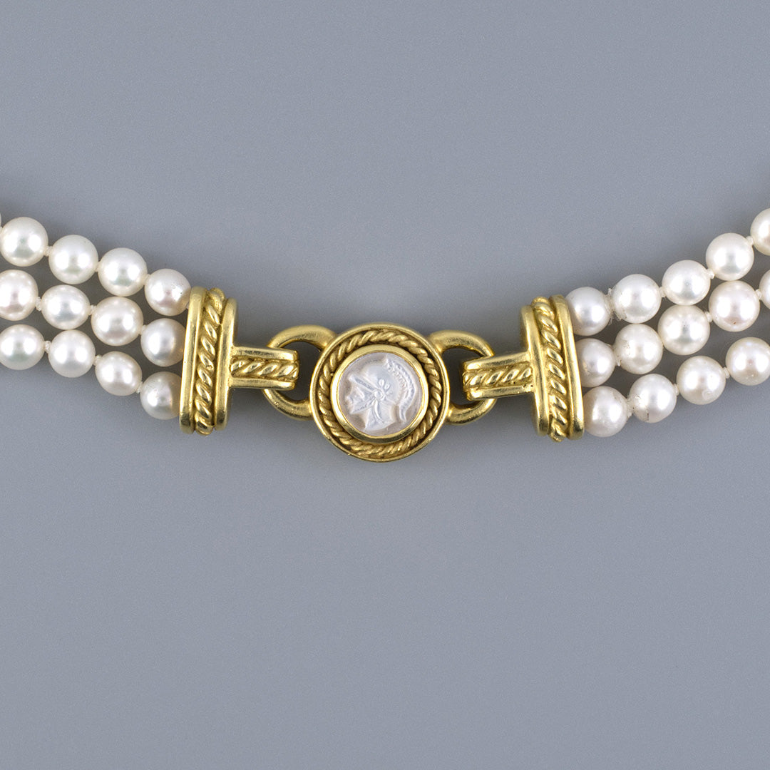 Judith Ripka Garnet Intaglio 3 Strand Pearl Necklace for Women - Elegant Vintage Jewelry Gift for Brides, Anniversaries & Special Occasions