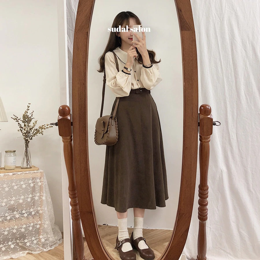Elegant A-Line Pleated Knee-Length Suede Skirt with Vintage Plaid Long Sleeve - Perfect for Fall Fashion, Office Wear & Casual Outfits