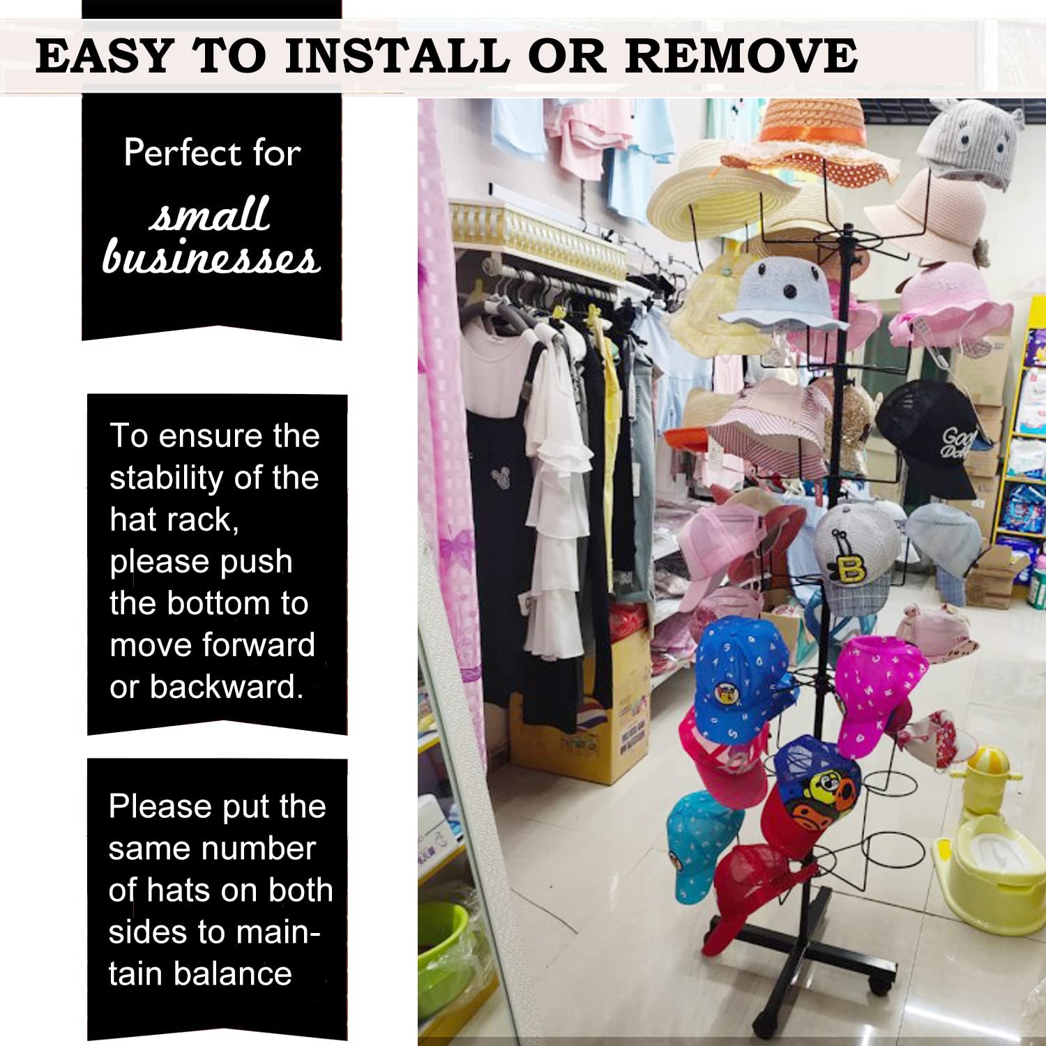 6-Tier Rotating Hat Display Rack with 30 Adjustable Hooks - Free Standing Metal Hat Hanger Stand with Wheels for Retail Stores, Wig Caps & Baseball Caps | Perfect for Hat Shops, Department Stores & Boutique Displays