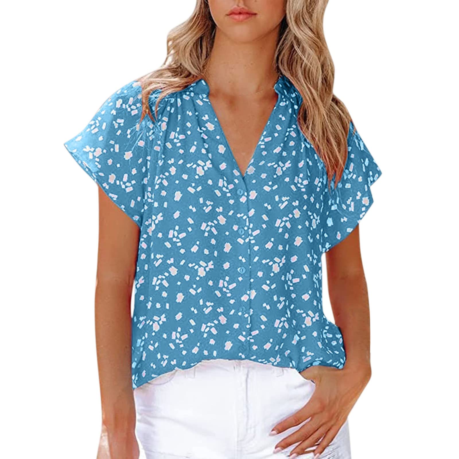 Women's Tie Front Chiffon Blouse - V Neck Batwing Short Sleeve Summer Top for Work & Casual Wear | Breathable & Elegant Office Shirt | Perfect for Business Meetings, Dates & Summer Outings