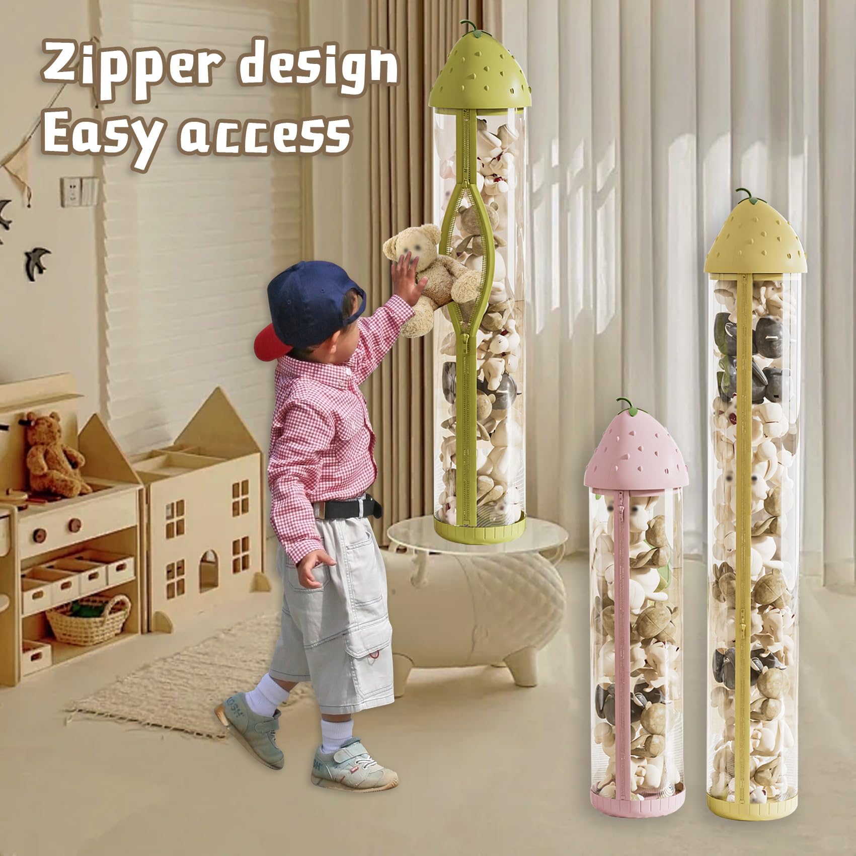 Vertical Clear Toy Storage Tube with Light & Zipper - 44in Stuffed Animal Organizer for Kids' Room (Pink) | Perfect for Storing Plush Toys, Stuffed Animals & Soft Dolls in Bedrooms, Playrooms & Daycares