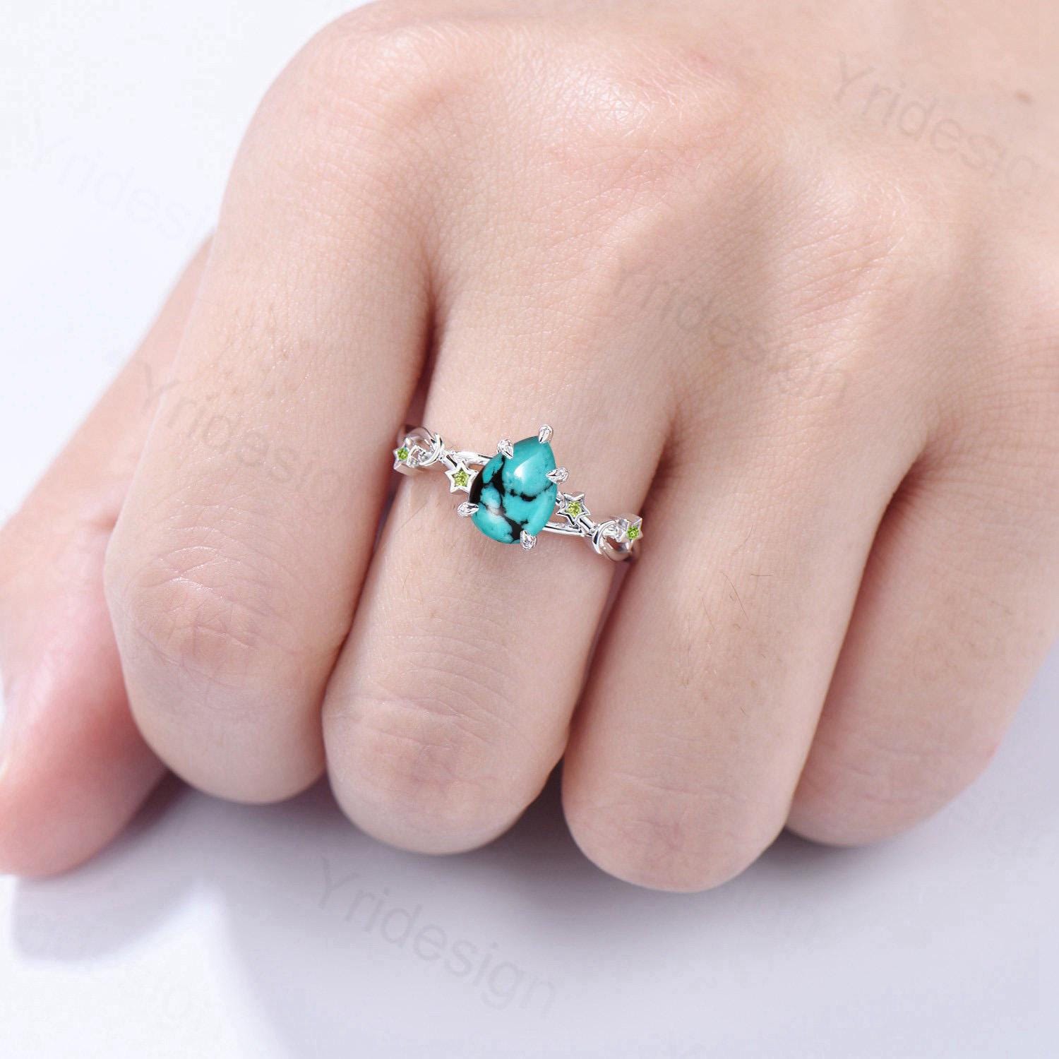 Vintage Art Deco 14K White Gold Pear Shaped Turquoise Engagement Ring with Moon Star Peridot - Split Shank Wedding & Anniversary Ring for Women - Perfect for Bridal Jewelry, Proposal Gifts & Special Occasions