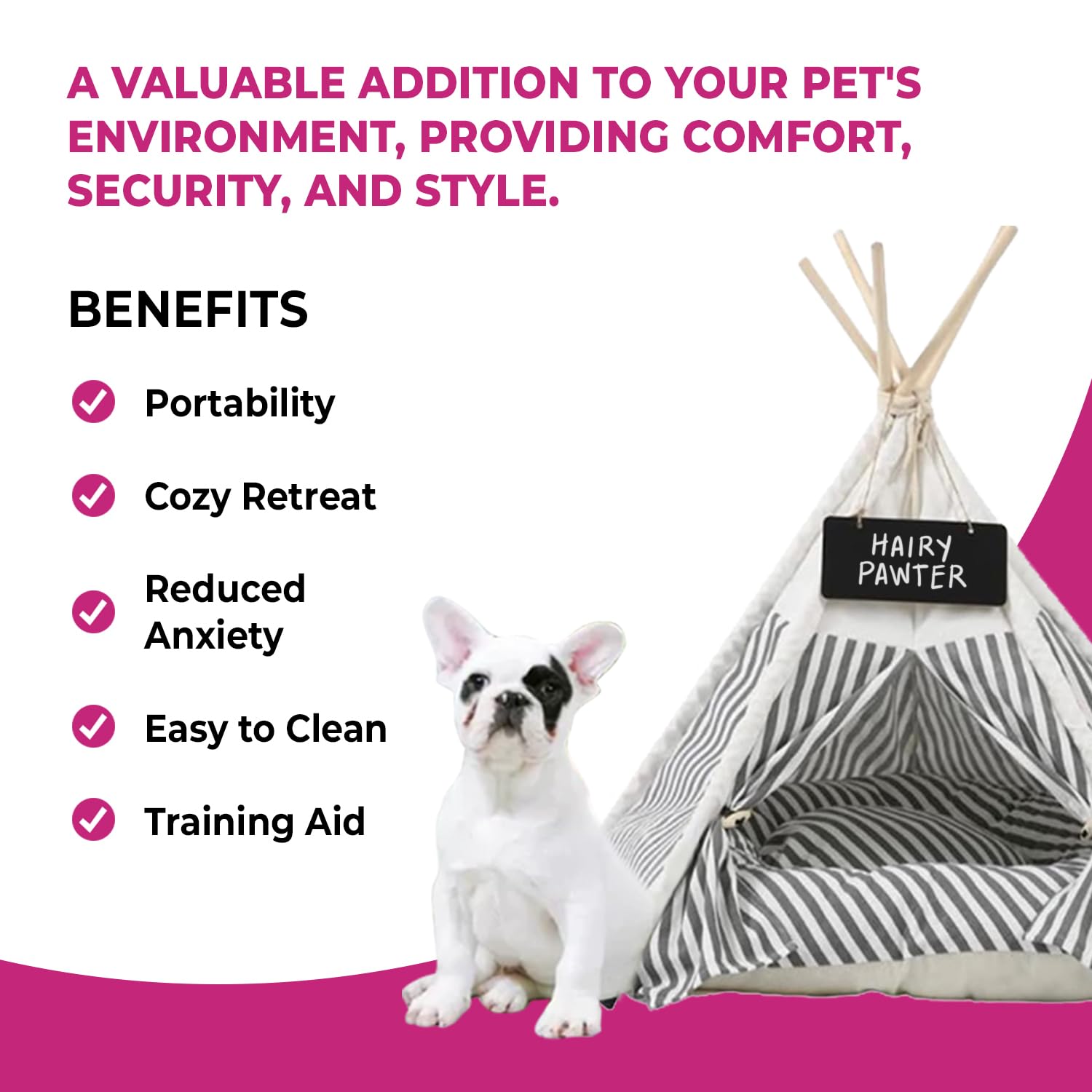Cozy Dog Teepee Bed for Small Dogs & Pets - Washable Soft Cushion Pet Tent House for Indoor Cats, Puppies & Rabbits with Removable Bed & Name Sign (Grey White Striped) - Perfect for Home, Nursery & Pet Play Areas