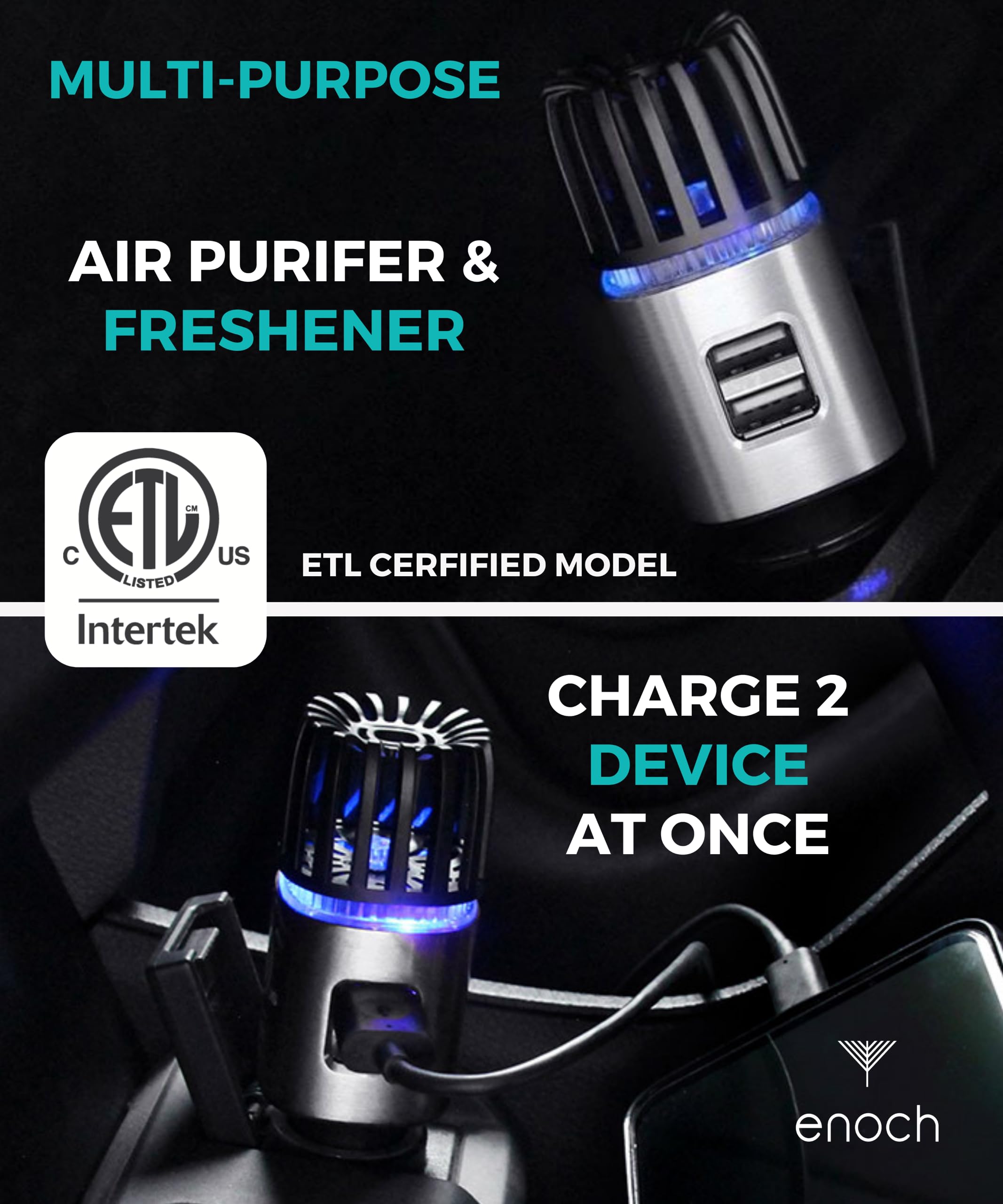 Enoch Ionic Car Air Purifier with Dual USB Charger - Eliminates Odor, Dust, Smoke, Pet & Food Smells - Ozone Car Deodorizer for Fresh Air (Gray Silver) | Perfect for Road Trips, Commuting & Pet Owners