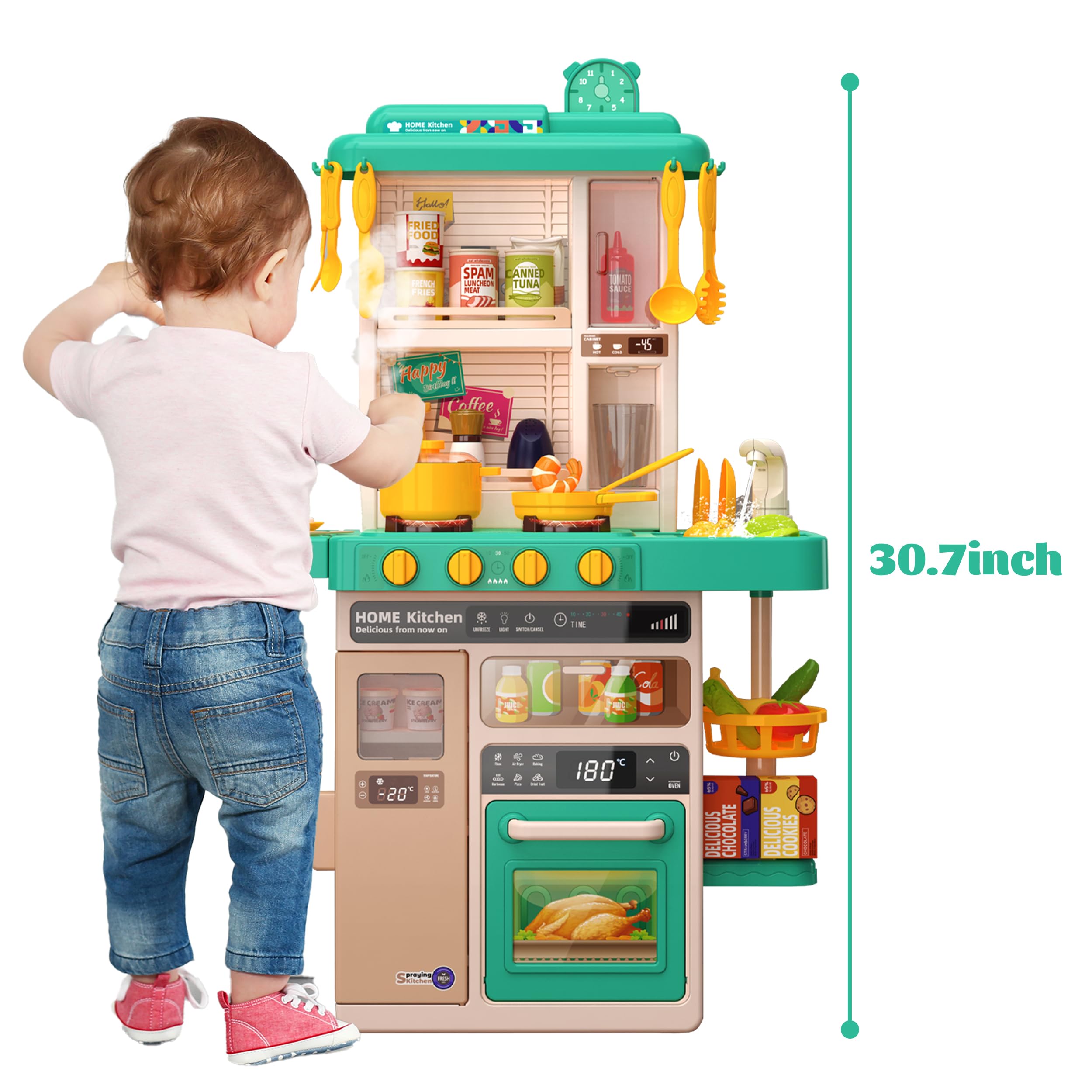 Interactive Kids Kitchen Play Set with 50Pcs Pretend Food Toys - Realistic Sound Effects & Simulated Functions for Toddlers Ages 2-12 | Pretend Play, Role Play, Early Learning | Perfect Gift for Birthday & Christmas (Green)