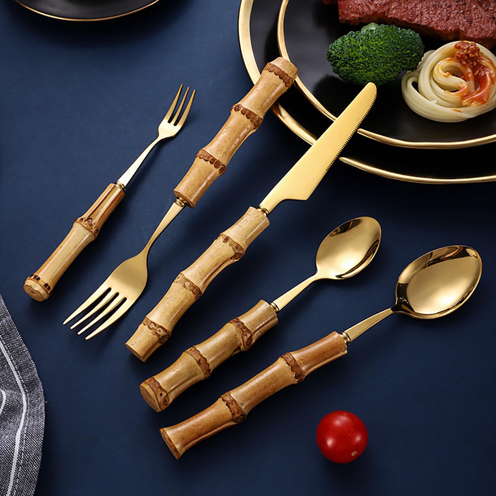 Eco-Friendly Bamboo Cutlery Set for 6 - Reusable Bamboo Forks & Spoons with Stainless Gold Tips, Sustainable Flatware Utensils for Adults | Perfect for Camping, Picnics & Zero-Waste Living (Yellow)