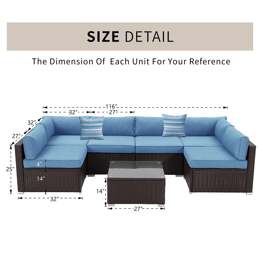 HOMPUS 7-Piece Outdoor Patio Sofa Set - All-Weather Chocolate Brown Wicker Sectional Furniture with Royal Blue Cushions, 2 Striped Pillows & Glass Coffee Table - Perfect for Garden, Backyard, Poolside & Patio Relaxation