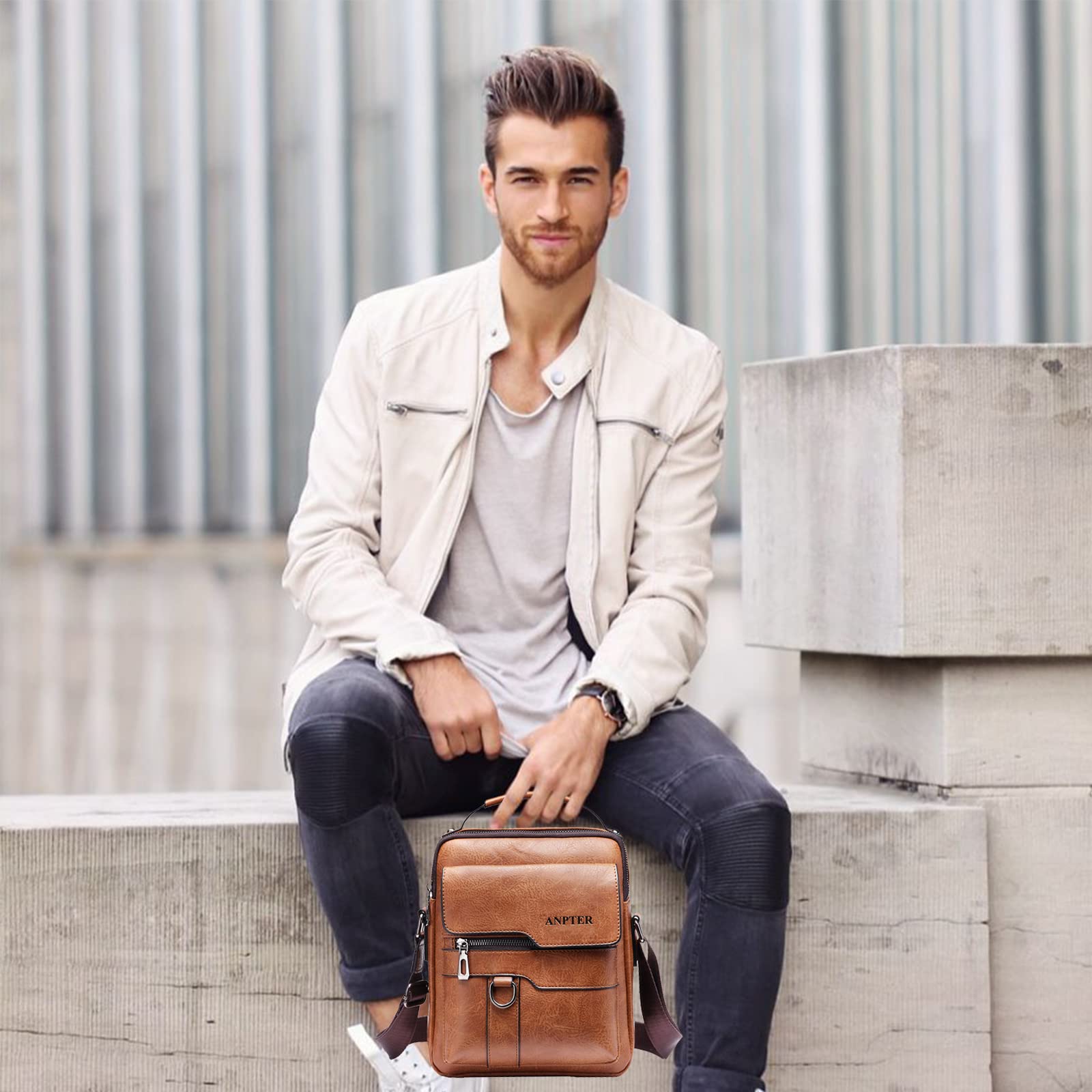 ANPTER Men's PU Leather Messenger Bag - Crossbody Shoulder Bag for School, Travel, Work & Hiking - Durable Sling Satchel for Daily Use (Brown) - Perfect for Commuting, Business Trips & Outdoor Adventures