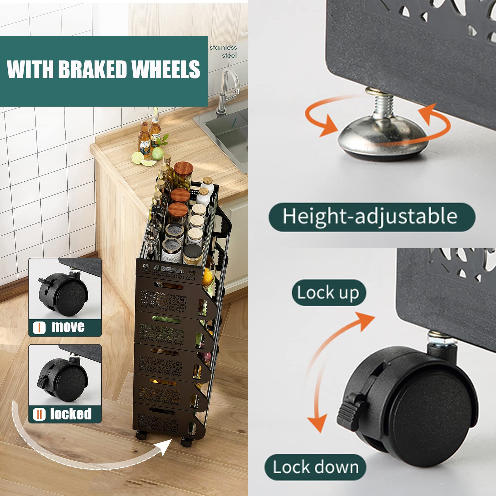 2/3/4/5/6 Tier Rolling Stackable Vegetable Fruit Basket Organizer - Metal Storage Cart with Wheels for Kitchen, Pantry, Closet, Bedroom, Bathroom & Garage - Perfect for Organizing Fruits, Vegetables, Groceries & Household Items (50cm/19.68in)