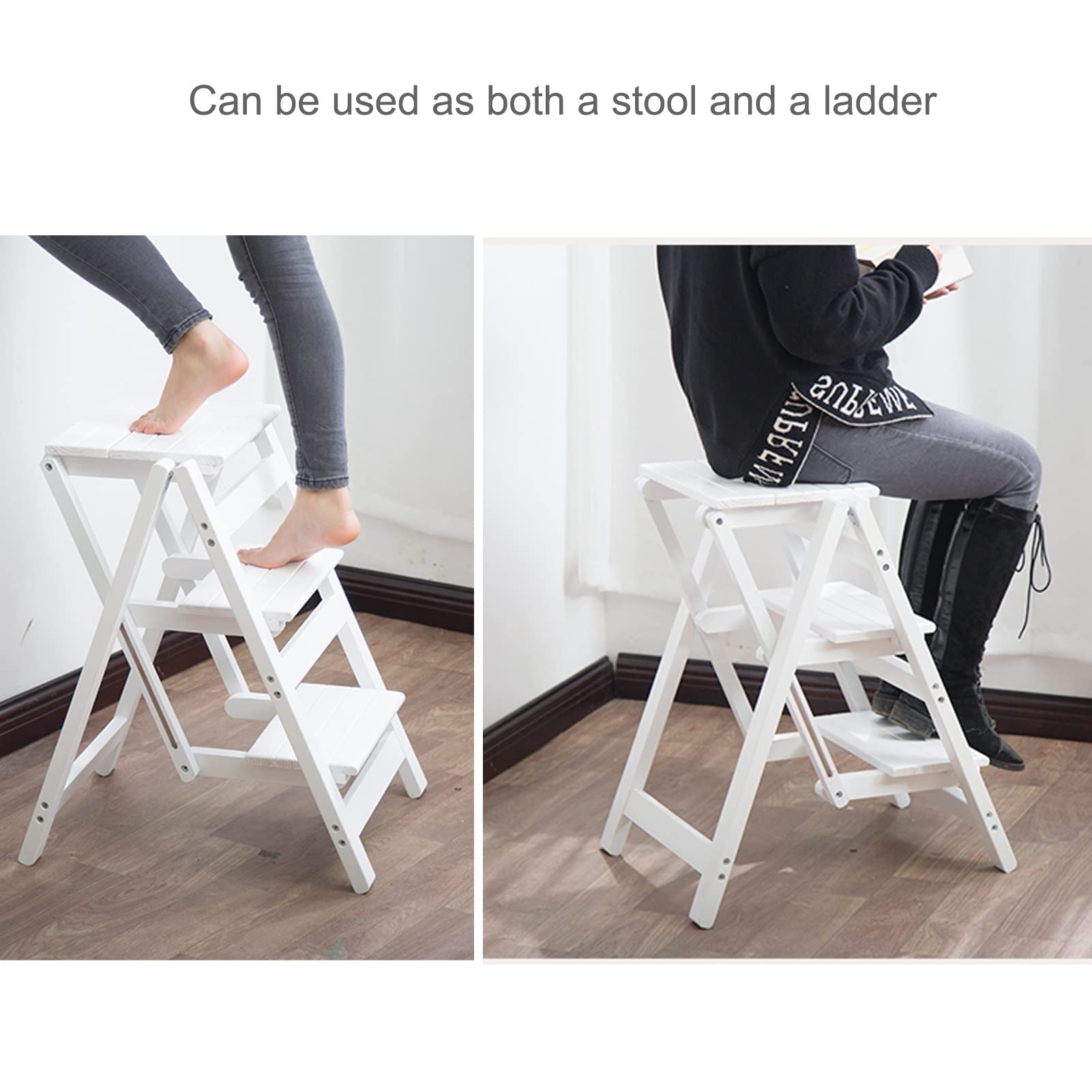 Wooden Folding Step Stool for Home, Portable Ladder Stool with Non-Slip Steps - Perfect for Kitchen, Bathroom, Office, Library & Indoor Climbing (Multipurpose Household Step Stool)