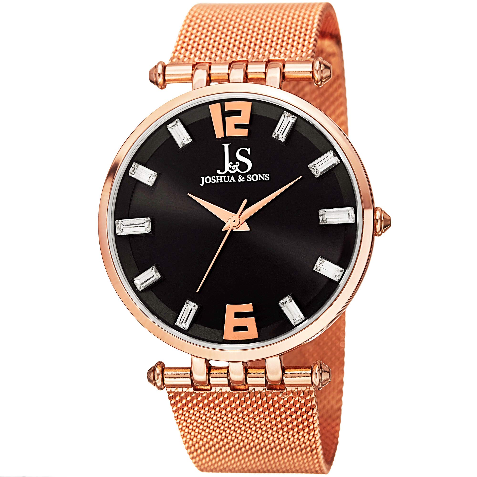 Joshua & Sons Men's Luxury Crystal Watch with 10 Genuine Baguette Crystals | Stainless Steel Mesh Bracelet | Water Resistant | Perfect for Business, Formal Events & Gift Giving