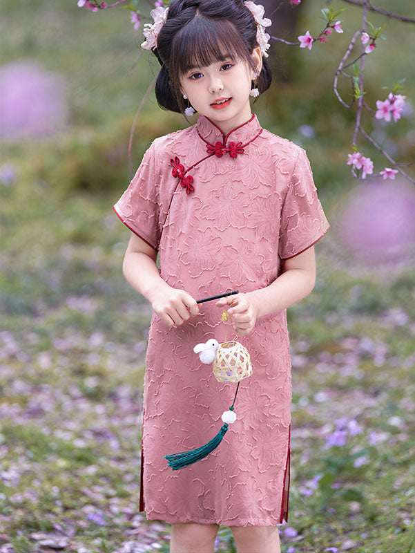 Pink Jacquard Chiffon Kids Girls Qipao Cheongsam Dress - Traditional Chinese Dress for Girls, Elegant Party Wear, Special Occasion Outfit for Festivals, Performances and Cultural Events