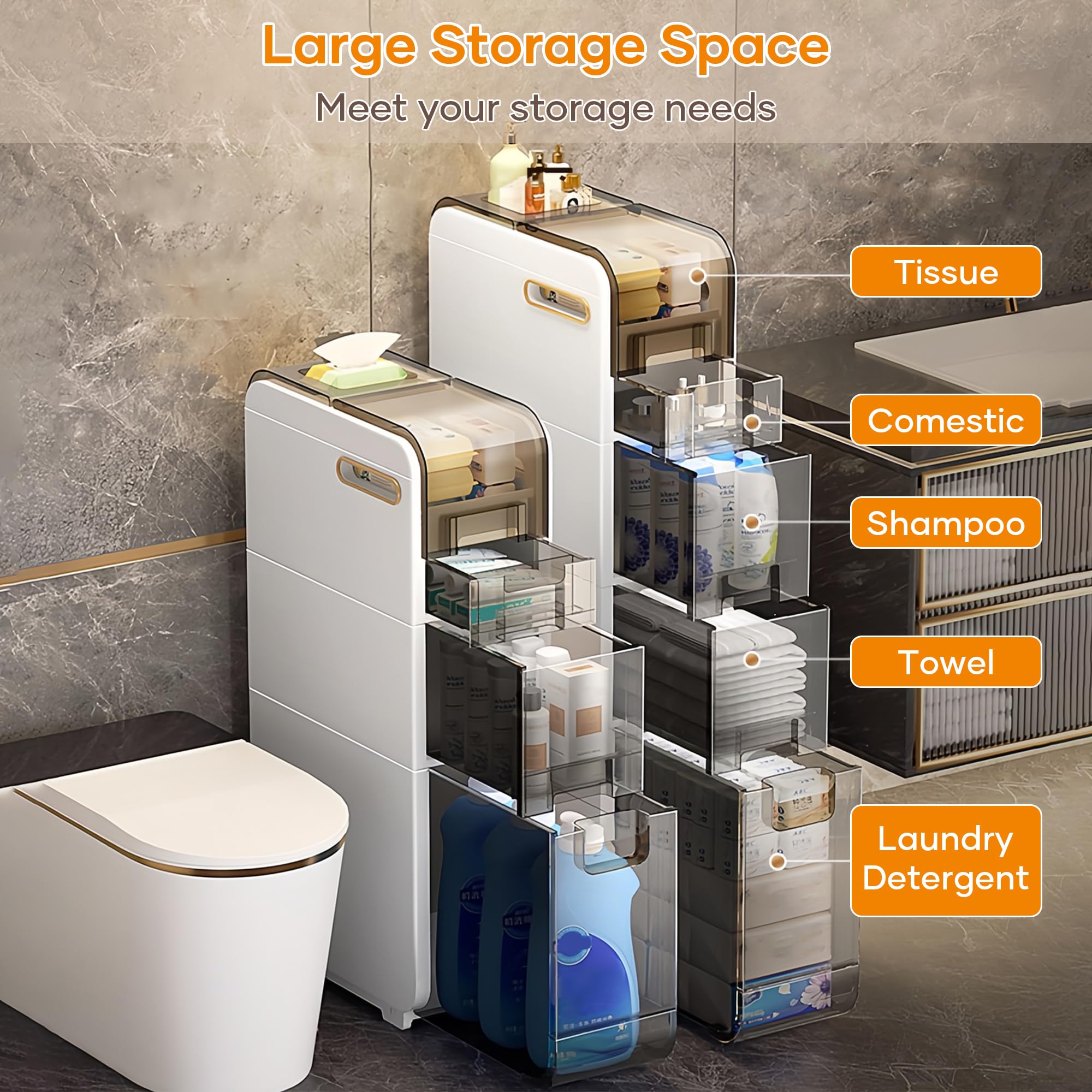 4-Tier Slim Bathroom Storage Cabinet with Drawers & Toilet Paper Holder - Space-Saving Narrow Organizer for Small Bathrooms, Kitchen, Laundry Room - Durable Plastic Floor Cabinet for Toiletries, Towels & Cleaning Supplies (Perfect for Apartments & Compact Spaces)