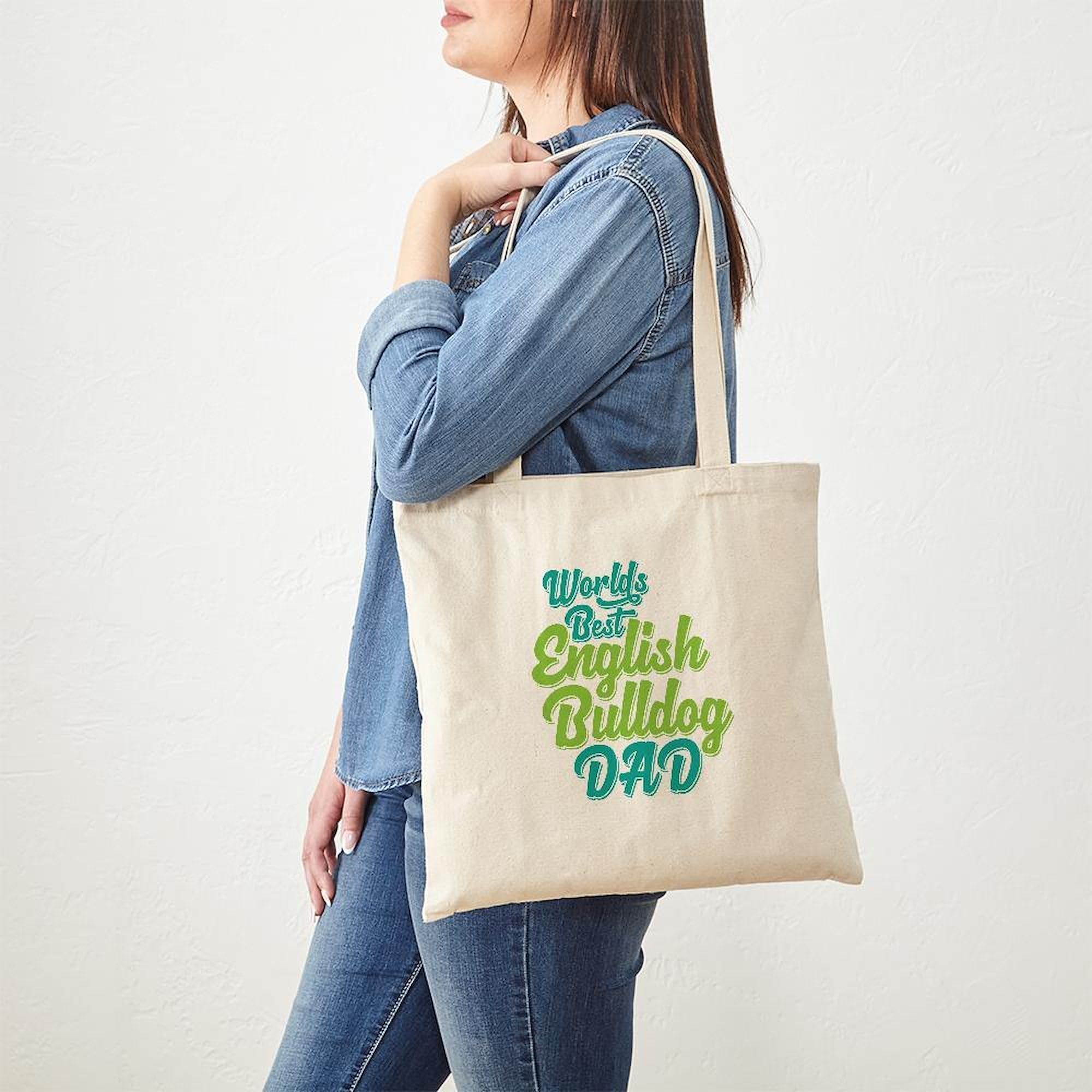 Best English Bulldog Dad Tote Bag - Natural Canvas Reusable Shopping Bag for Men | Grocery, Beach & Work Commute