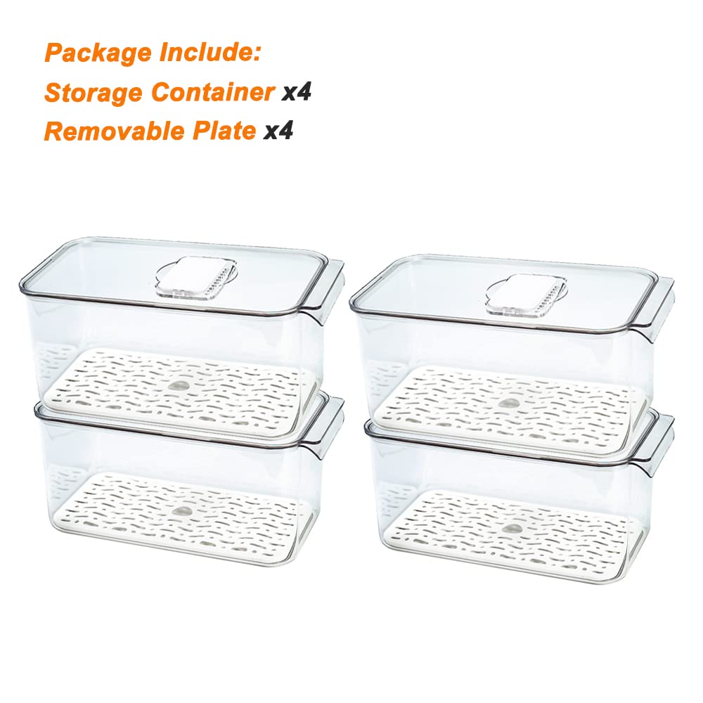 Clear 5700ML Refrigerator Organizer Set of 4 - Fridge Food Storage Containers with Lids & Drain Plate for Vegetables, Fruits, Lettuce | Perfect for Meal Prep & Fresh Produce Organization