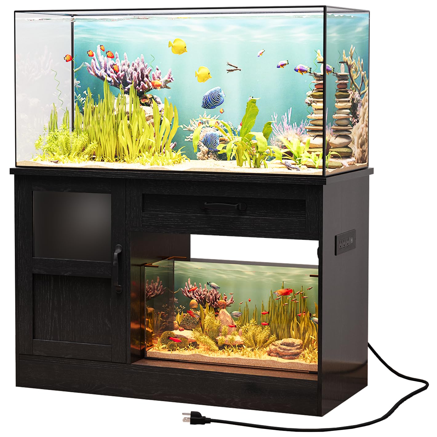 40 Gallon Wooden Aquarium Stand with Drawer, Power Strip & LED Lighting - Heavy Duty Fish Tank Stand for Reptiles, Tropical Fish - Perfect for Home, Office or Classroom Aquarium Setup