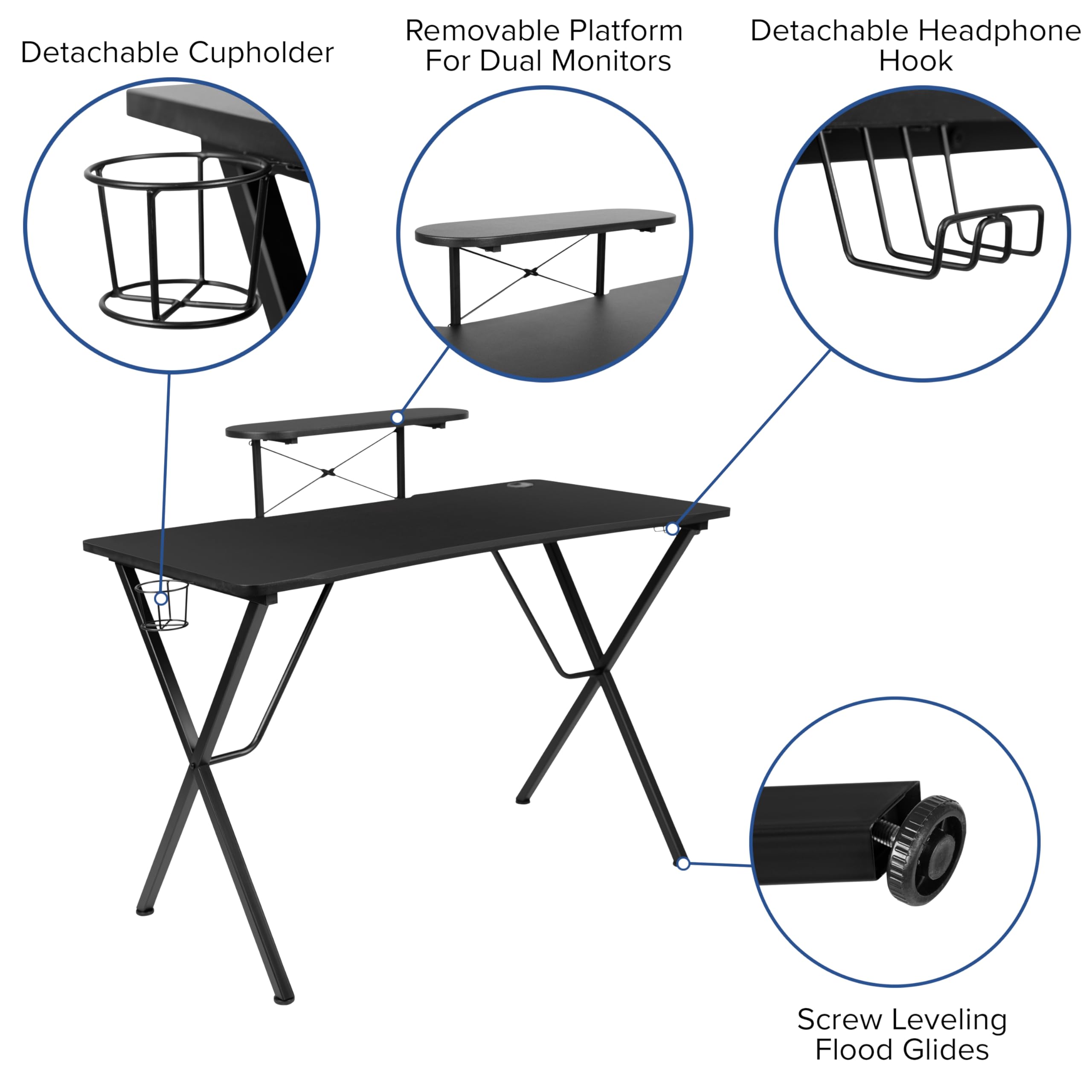 Black Gaming Desk Set with Cup Holder & Headphone Hook - Perfect for PC Setup