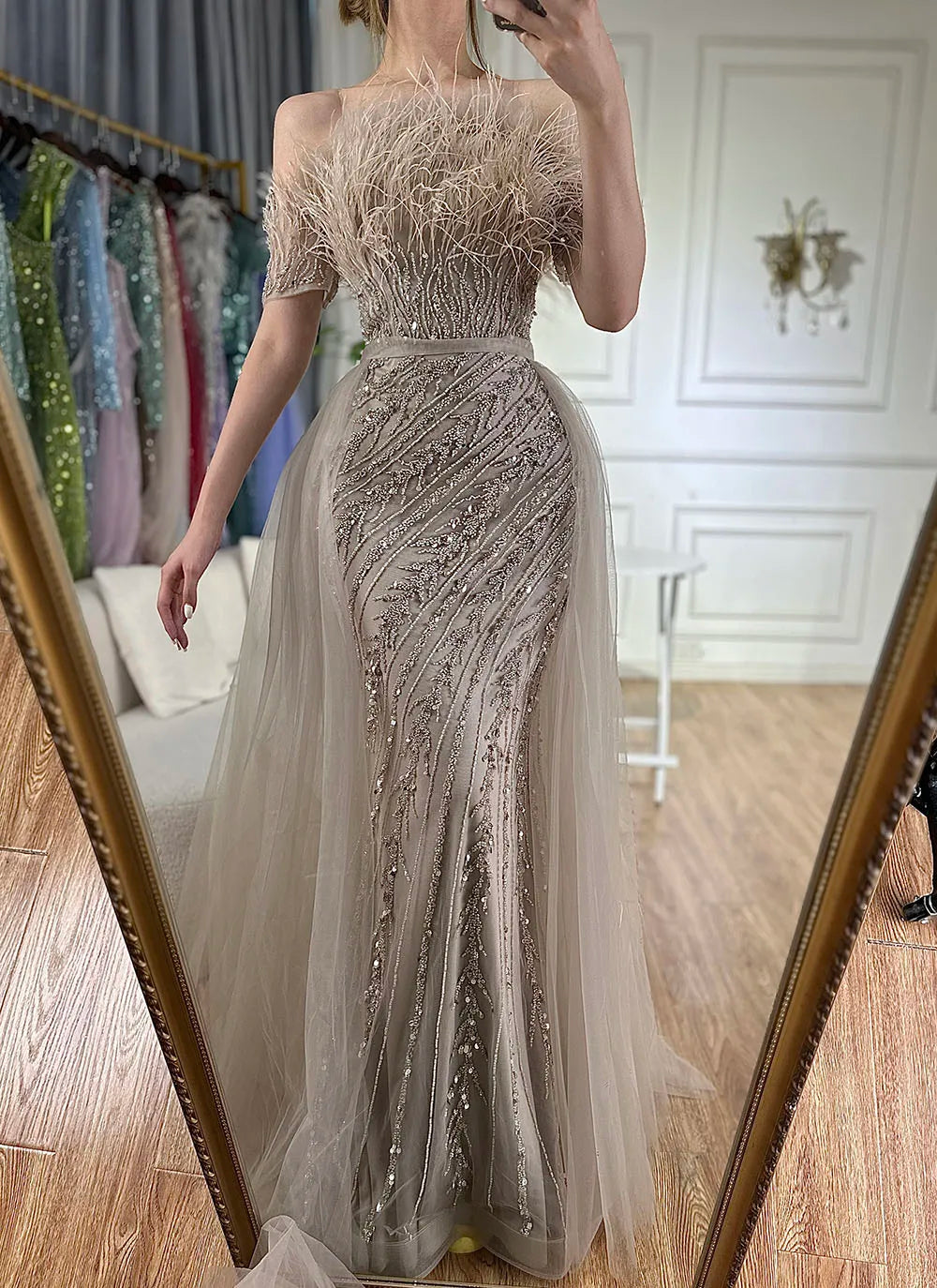 Luxury Dubai Saudi Arabic Beaded Caramel Mermaid Evening Gown with Overskirt - Elegant Formal Dress for Weddings, Galas & Special Occasions LA71634A