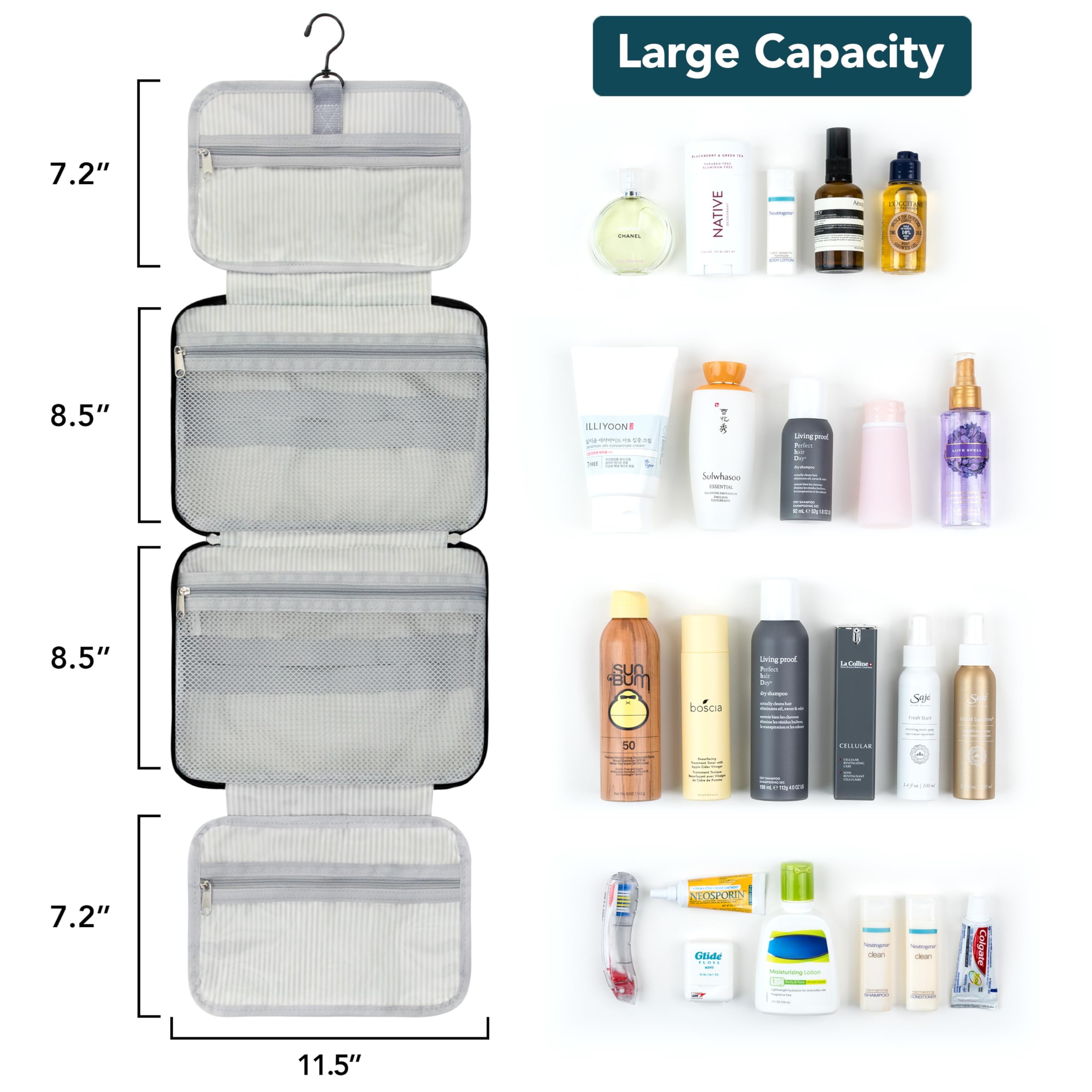 PAVILIA Hanging Toiletry Bag for Travel - Foldable Cosmetic Organizer & Water-Resistant Makeup Bag for Women & Men - Large Travel Essentials Kit (Black Gold) - Perfect for Camping, Gym, Business Trips & Vacation