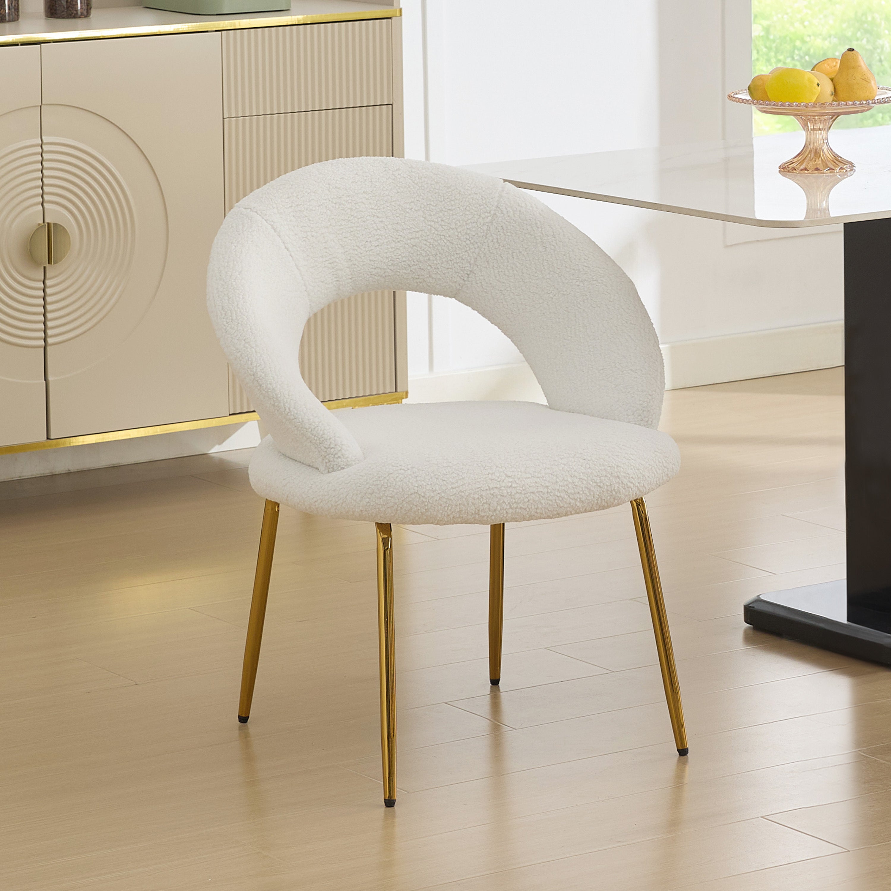 061 Set of 1 White Teddy Fabric Dining Chairs with Curved Backrest and Golden Metal Legs - Elegant Kitchen & Dining Room Seating for Home, Restaurant, or Cafe Use