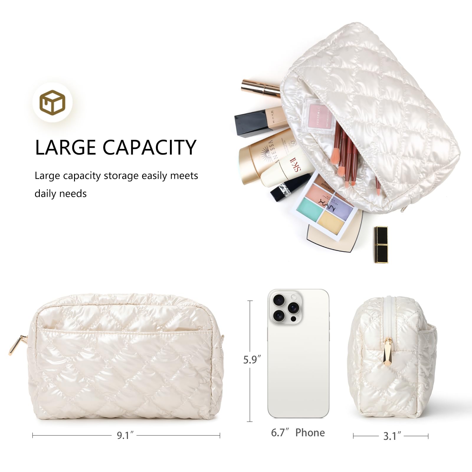 Quilted Waterproof Travel Makeup Bag for Women - Large Capacity Cosmetic & Toiletry Organizer - Portable Makeup Pouch for Daily Use, Vacation, Gym & Air Travel - Perfect Gift Idea (Off White)