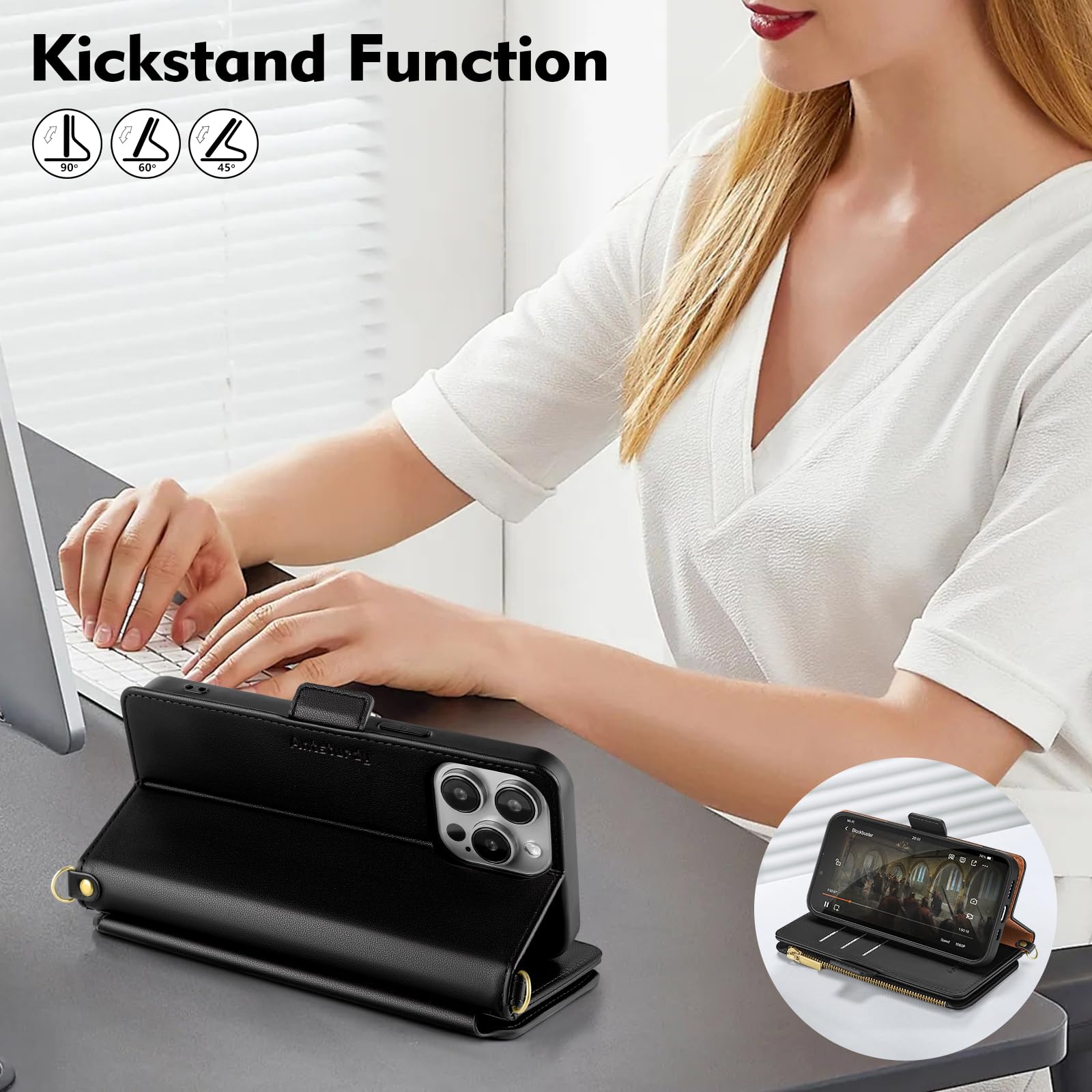 Premium RFID Blocking PU Leather Wallet Case for iPhone 13 Pro - Women's Crossbody Phone Case with Zipper, Wrist Strap & Credit Card Holder | Shockproof Flip Cover | Perfect for Travel, Shopping & Everyday Use (Black)
