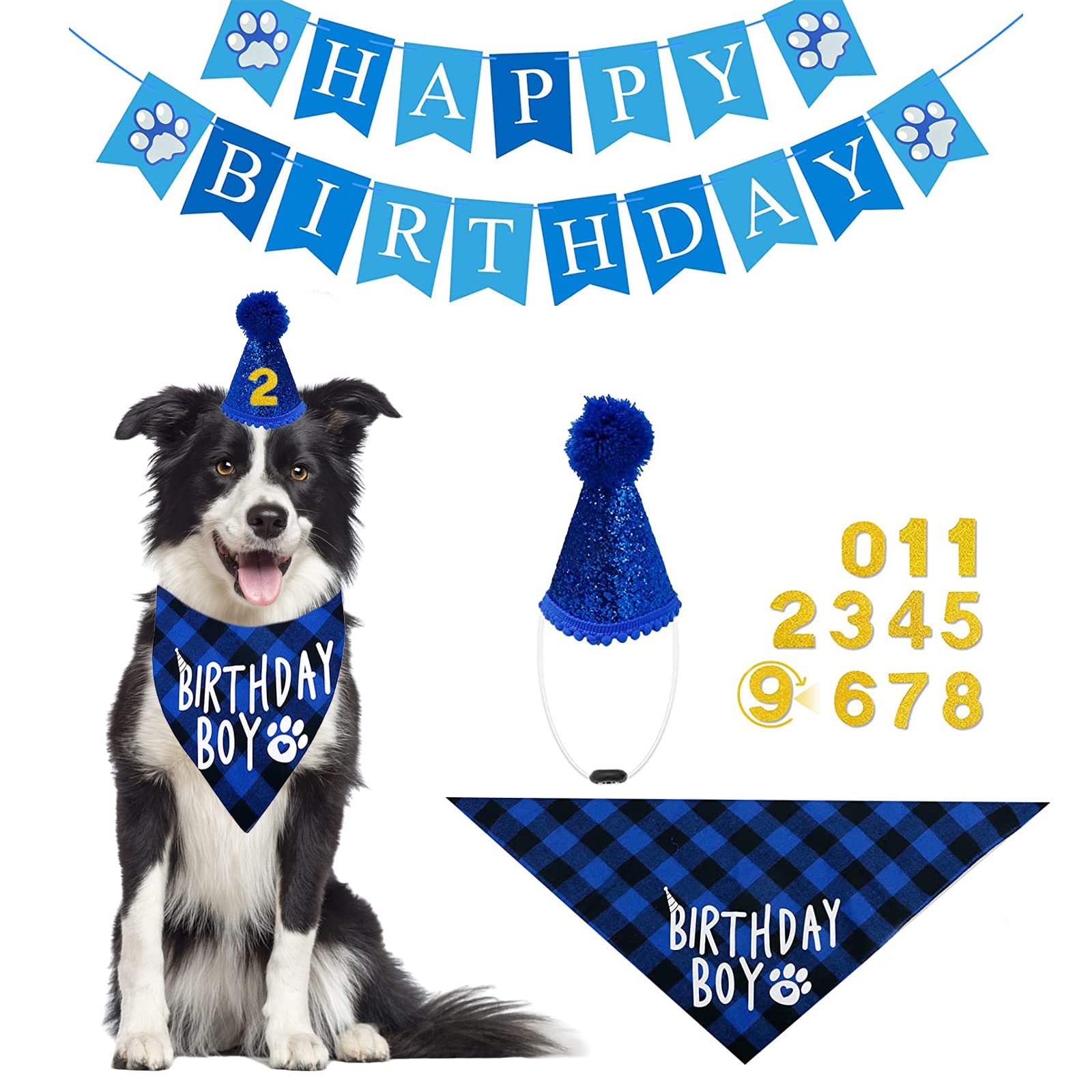 Nepfaivy Dog Birthday Party Decorations Set - Reversible Bandana, Birthday Hat, Banner & Number Signs for Puppies, Small & Large Dogs | Perfect for Pet Birthday Celebrations & Photo Shoots