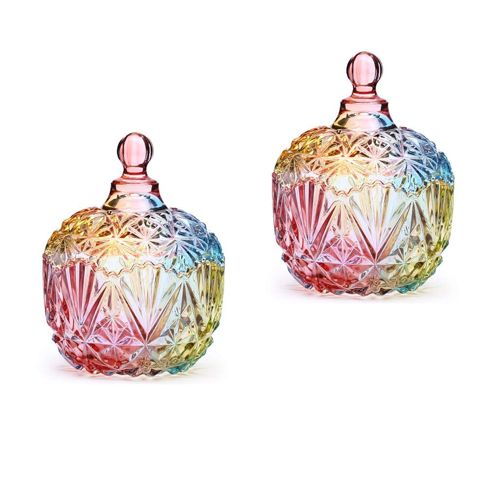 2 Pack Colorful Glass Candy Jars with Airtight Lids - Decorative Candy Bowls for Kitchen, Party & Gift Storage - Crystal Covered Treat Containers for Candy, Cookies, Nuts & Desserts