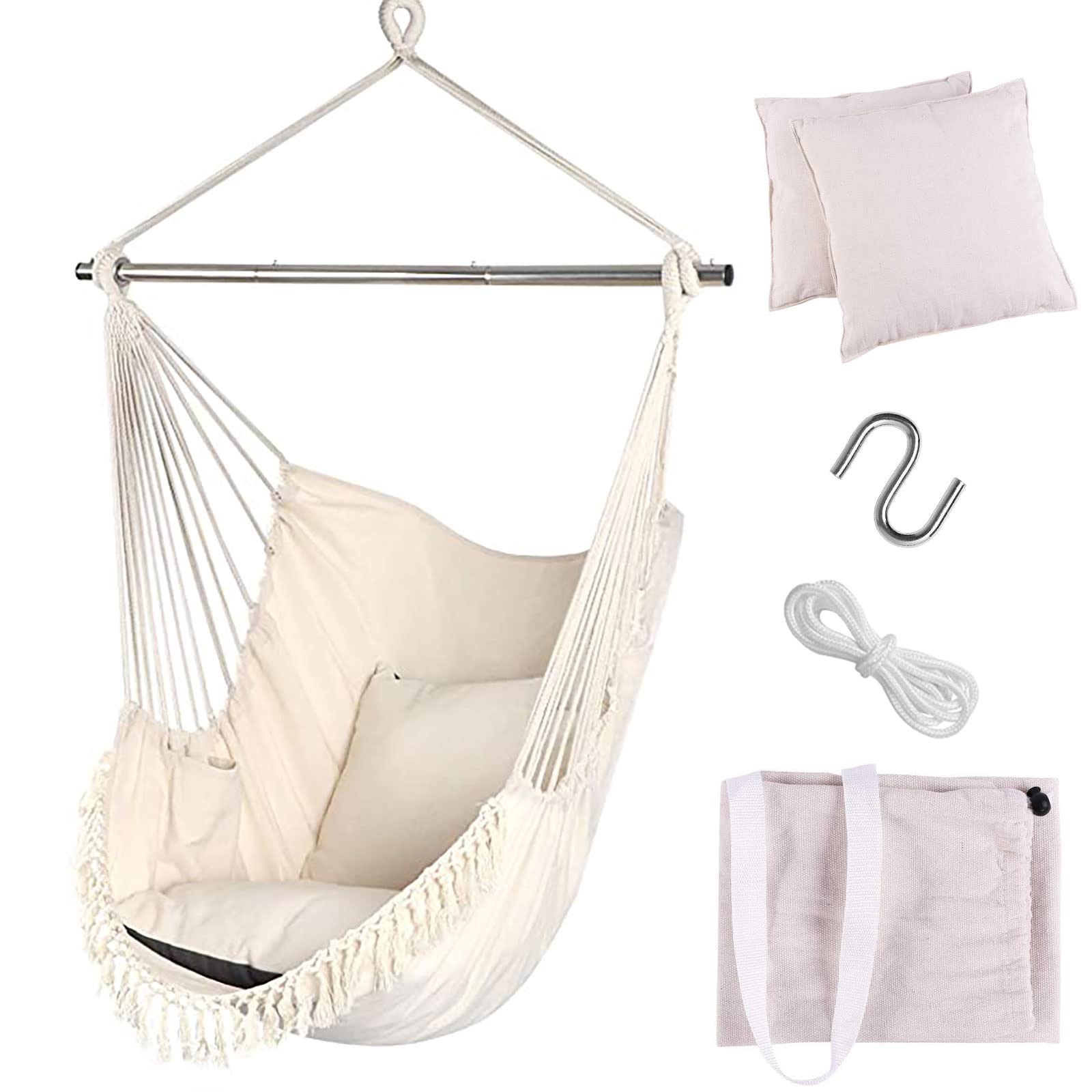 Comfortable Hammock Chair Swing with 2 Cushions & Storage Bag - Indoor/Outdoor Hanging Rope Chair for Patio, Garden, Balcony or Bedroom (Coffee Brown) - Perfect for Relaxing, Reading & Lounging