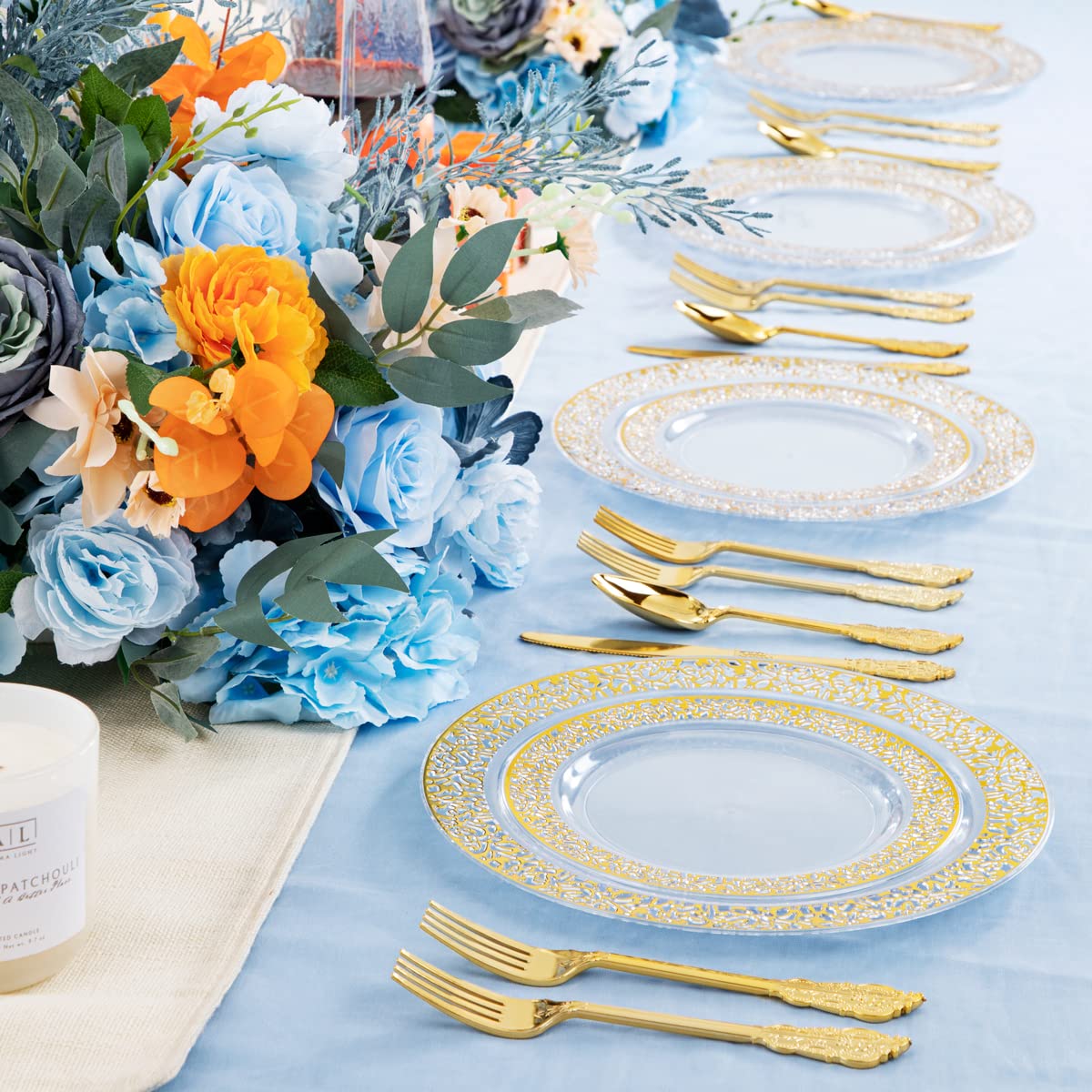 150-Piece Clear Gold Lace Plastic Party Plates Set - 30 Dinner Plates, 30 Dessert Plates & 90 Gold Silverware - Elegant Disposable Tableware for Birthday, Wedding, Anniversary & Holiday Celebrations - Perfect for Indoor/Outdoor Events, Catering & Special Occasions