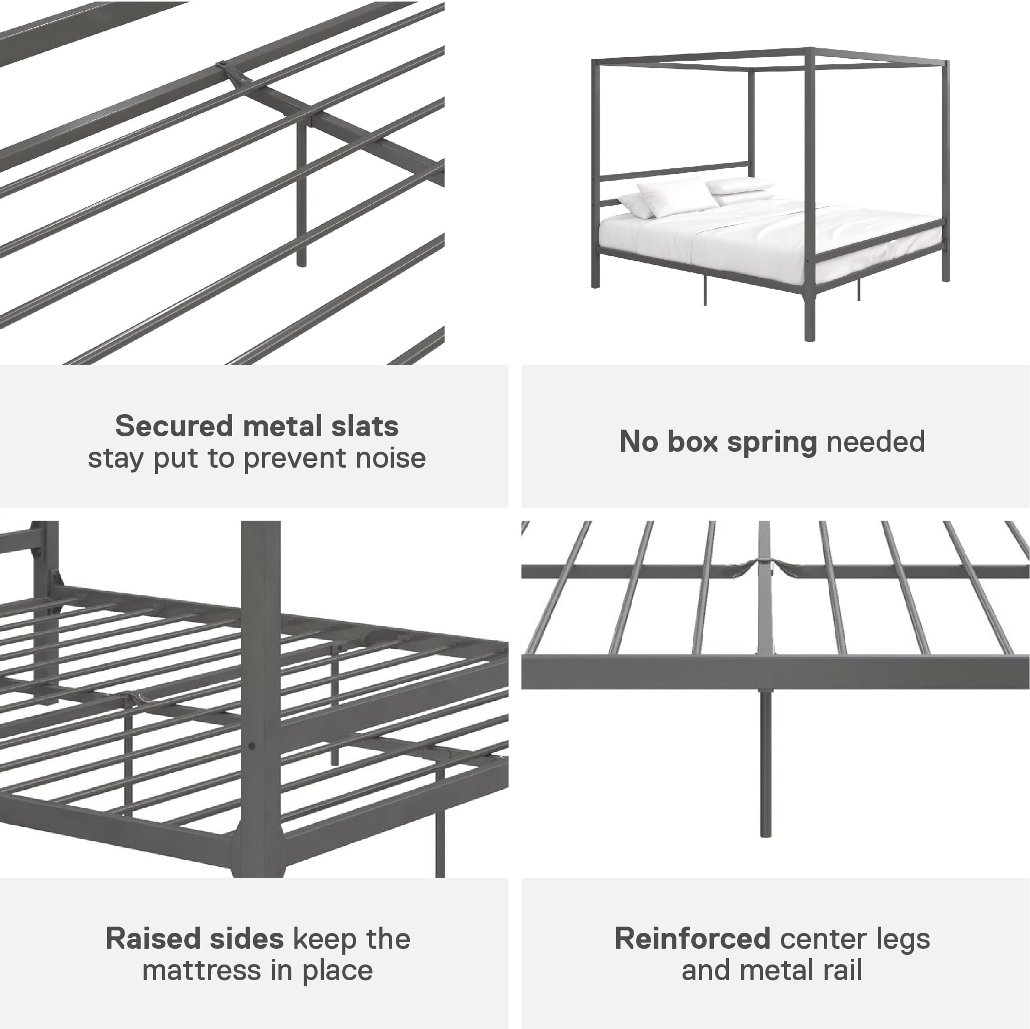 DHP King Metal Canopy Bed Frame - Modern Platform Bed with Built-In Headboard, Sturdy Steel Frame, No Box Spring Needed in Gunmetal Gray - Perfect for Master Bedroom, Guest Room & Modern Home Decor
