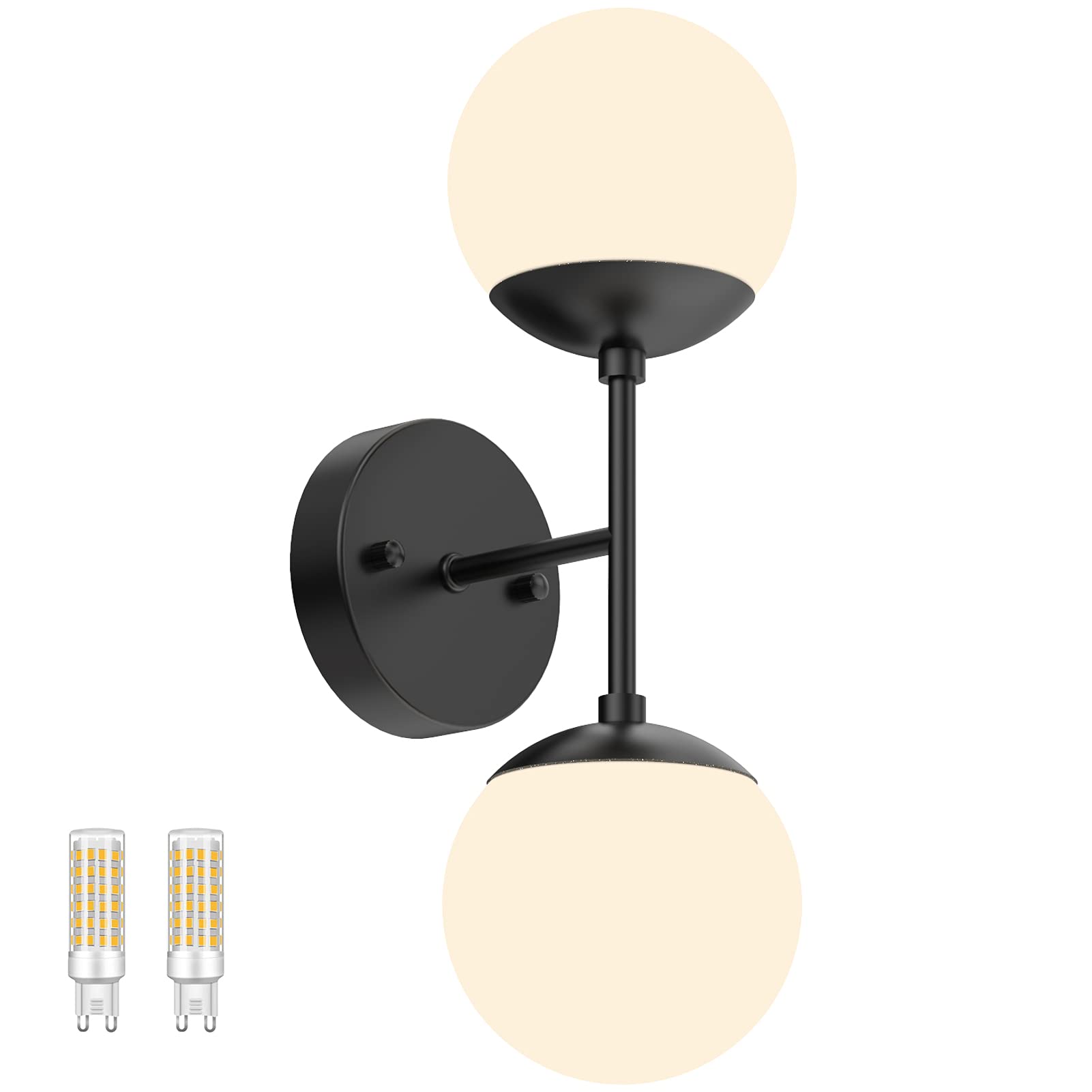 Tipace Black Wall Sconce 2 Lights - Modern Globe Wall Light Fixture with 3000K Warm White G9 Bulbs Included - Perfect for Restaurant, Living Room, Bedside, Stairs, Bathroom Mirror Lighting - Indoor Wall Mounted Sconce for Home & Commercial Decor