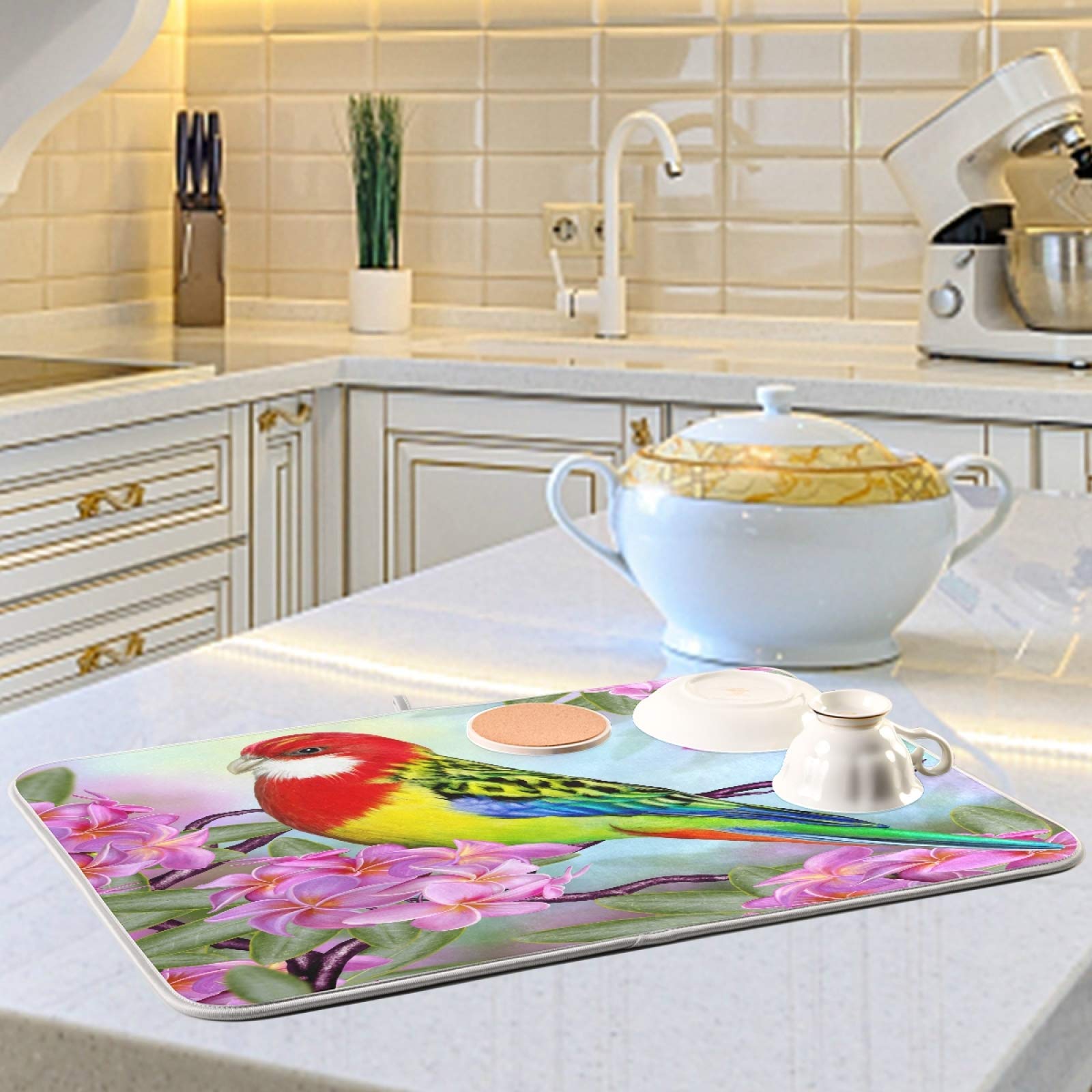 Floral Dish Drying Mat - Absorbent Microfiber for Kitchen Counter | Home Decor & Tableware Protection