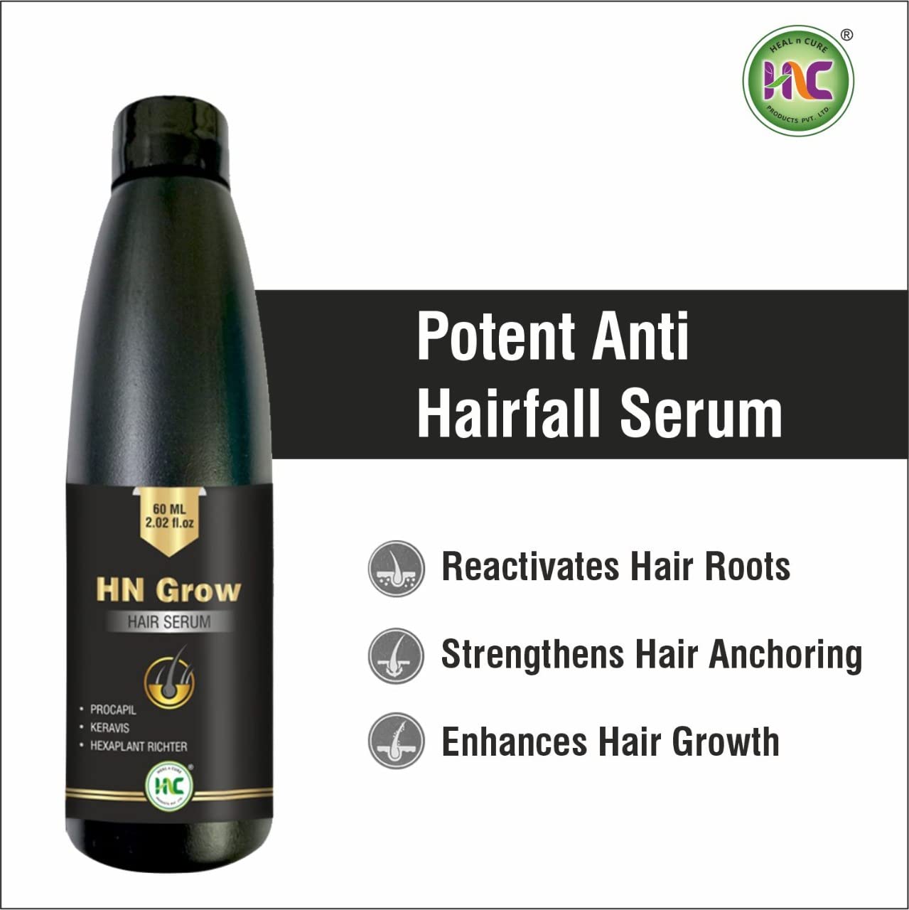 HN Grow Hair Serum with Procapil, Hexaplant & Keravis - 60ml | Hair Fall Control & Healthy Hair Growth Treatment for Men & Women | Perfect for Thinning Hair, Baldness & Scalp Care