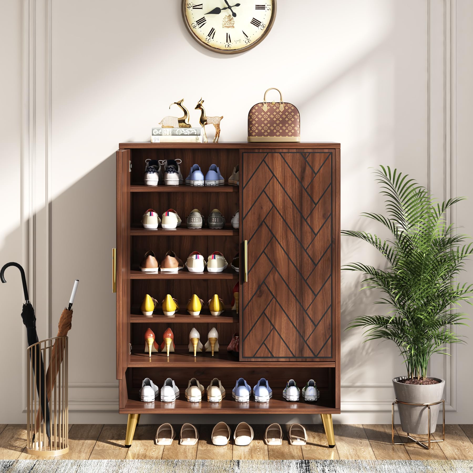 Tribesigns 6-Tier Wooden Shoe Storage Cabinet with Doors - Holds 24 Pairs of Shoes, Adjustable Shelves for Entryway, Living Room & Bedroom - Walnut Finish with Gold Legs - Perfect for Small Space Organization & Home Decor