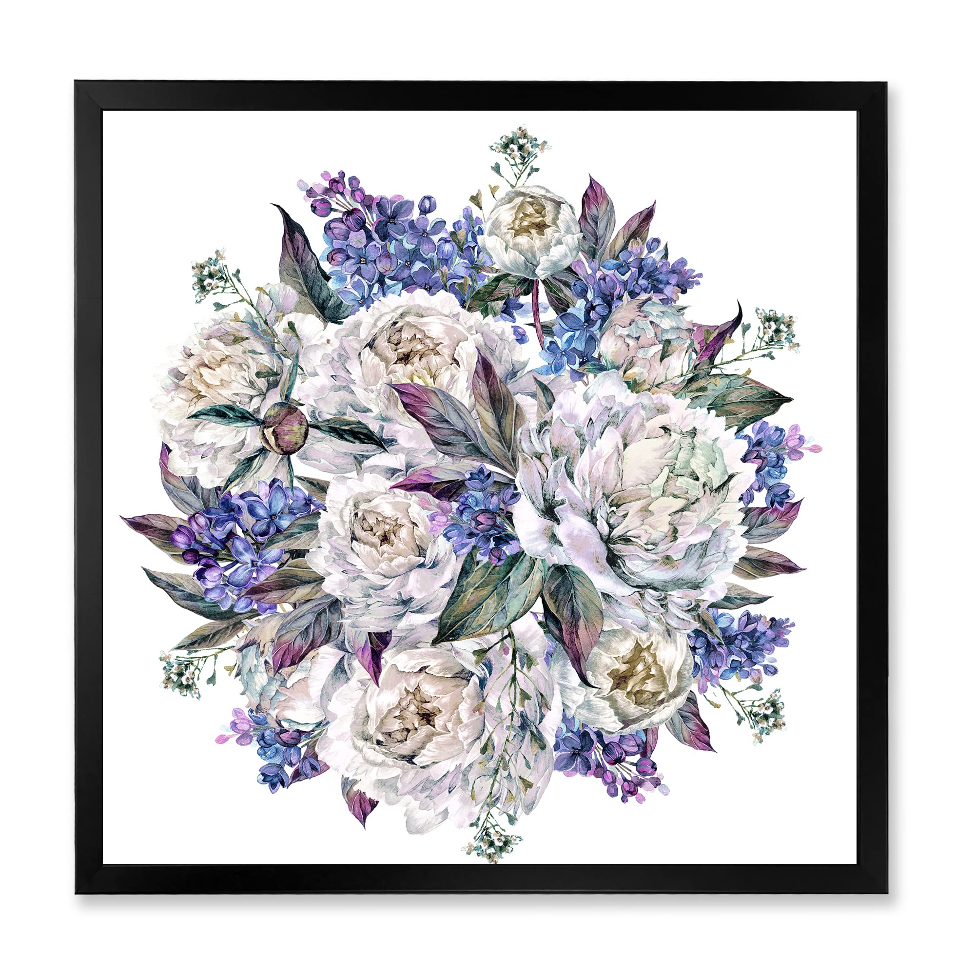 DesignQ White and Blue Peony Bouquet Traditional Framed Wall Art - Perfect for Living Room, Bedroom & Office Decor