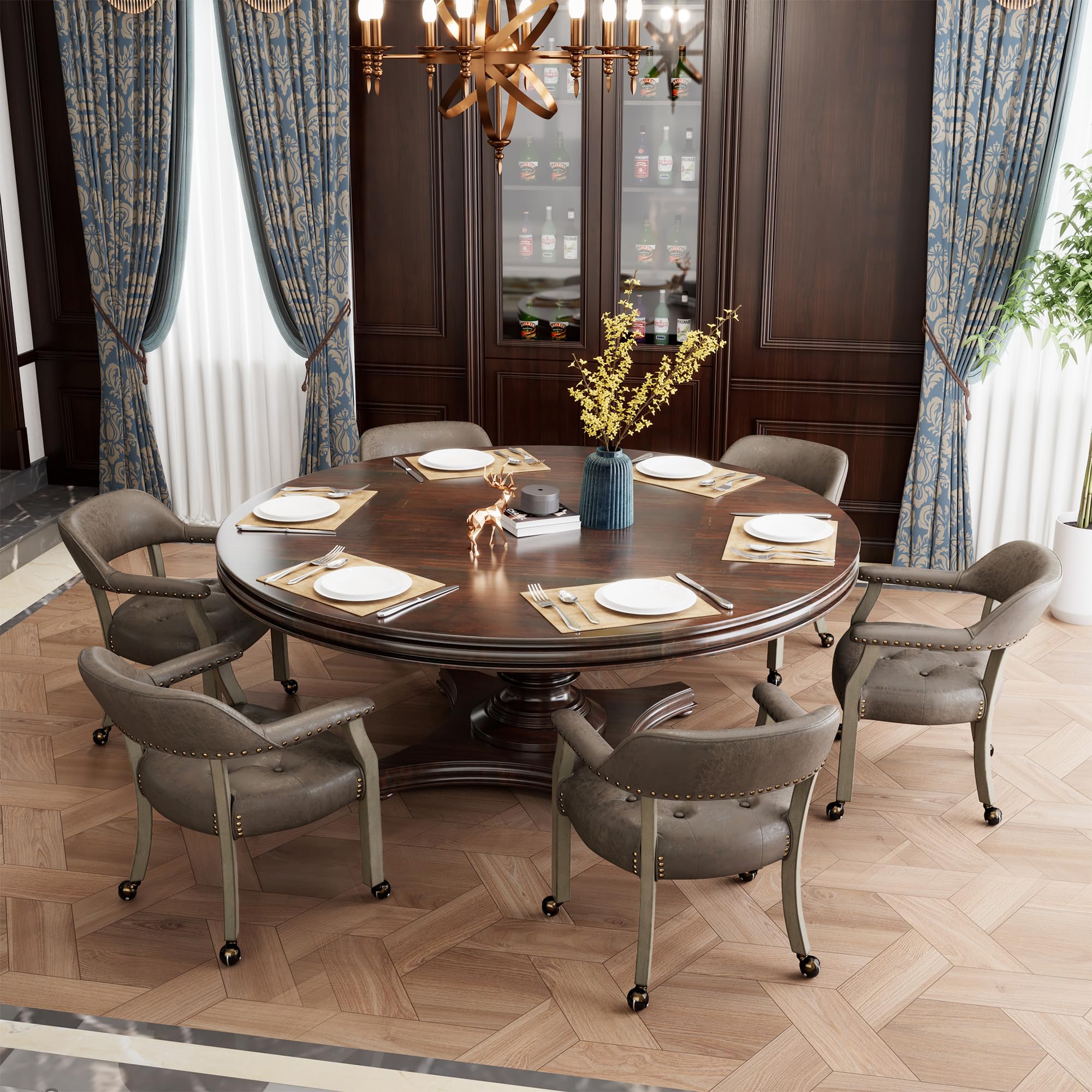 LEEMTORIG Large Rolling Dining Chairs with Casters - Solid Wood Office Chairs with Arms, 26