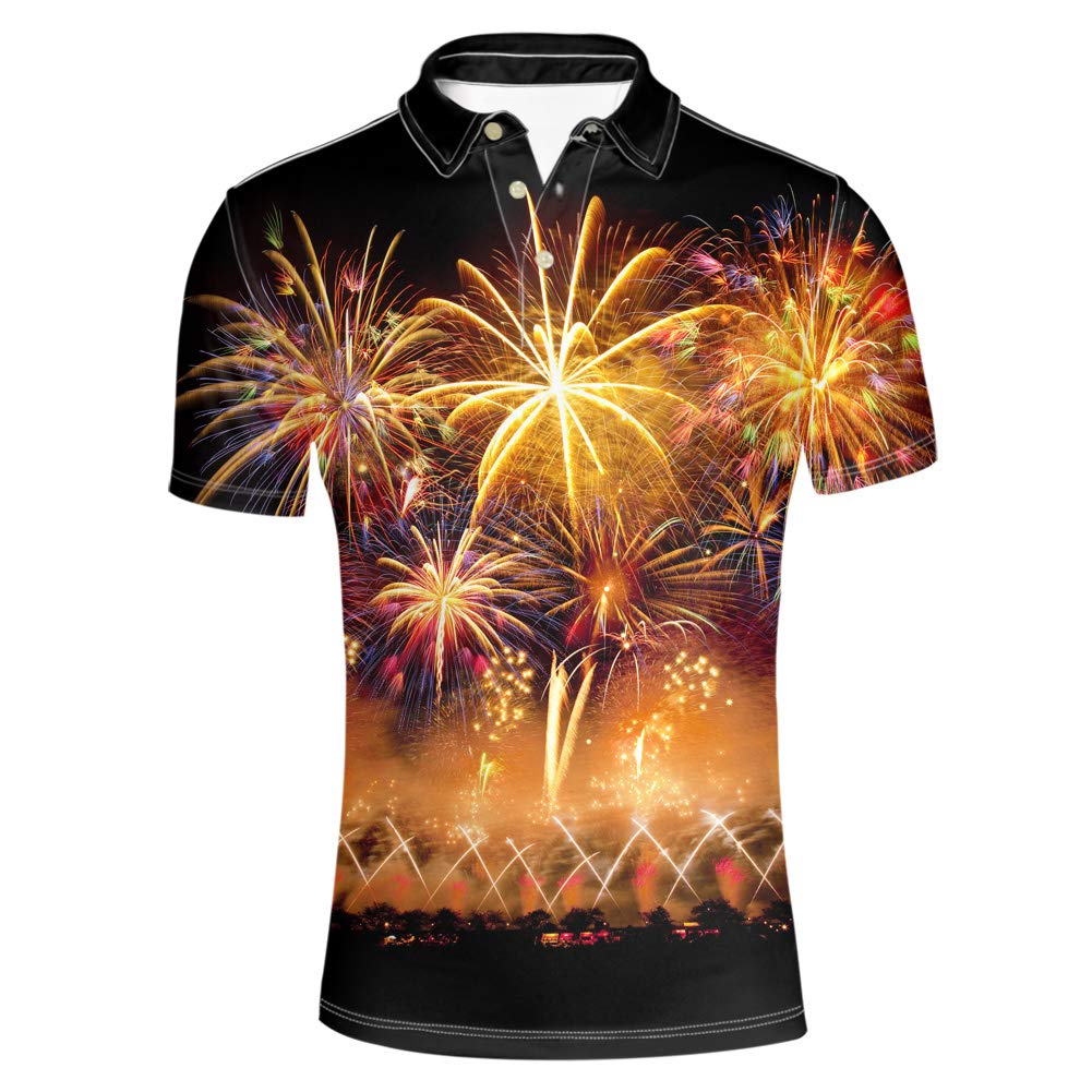 HUGS IDEA Men's Short Sleeve Polo Shirt - Comfortable Regular Fit Lightning Print Tee for Casual Wear, Golf & Outdoor Activities