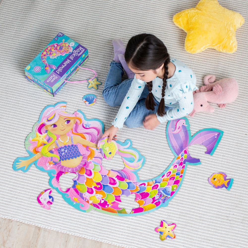 Peaceable Kingdom Shimmery Magical Mermaid Floor Puzzle for Kids - 48 Piece Large Jigsaw Puzzle with Glitter Details, Perfect for Birthday Gifts & Ocean-Themed Room Decor