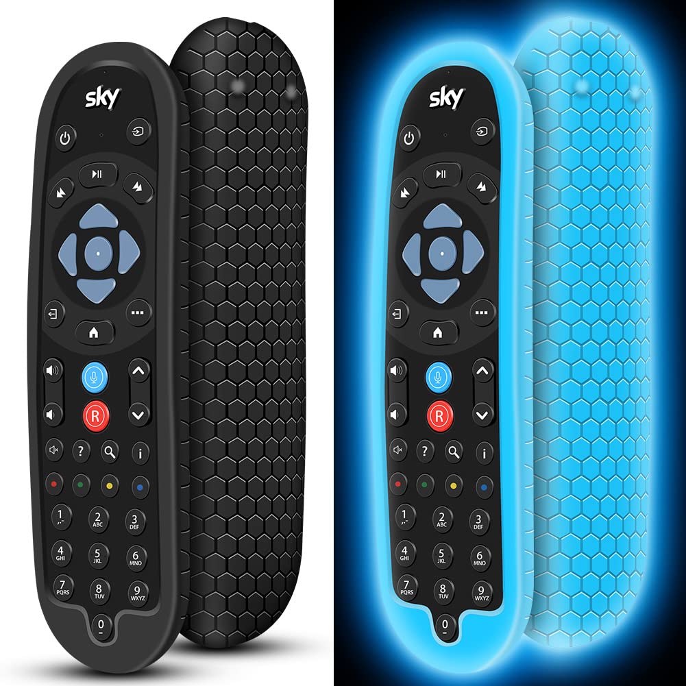 2 Pack Silicone Cover for SKY Q Bluetooth Remote Control EC201 EC202 2020 - Protective Case Skin Holder for New Remote Controller with Battery Back Protector (Black+Glow Blue) - Perfect for Home Entertainment & TV Accessories Protection