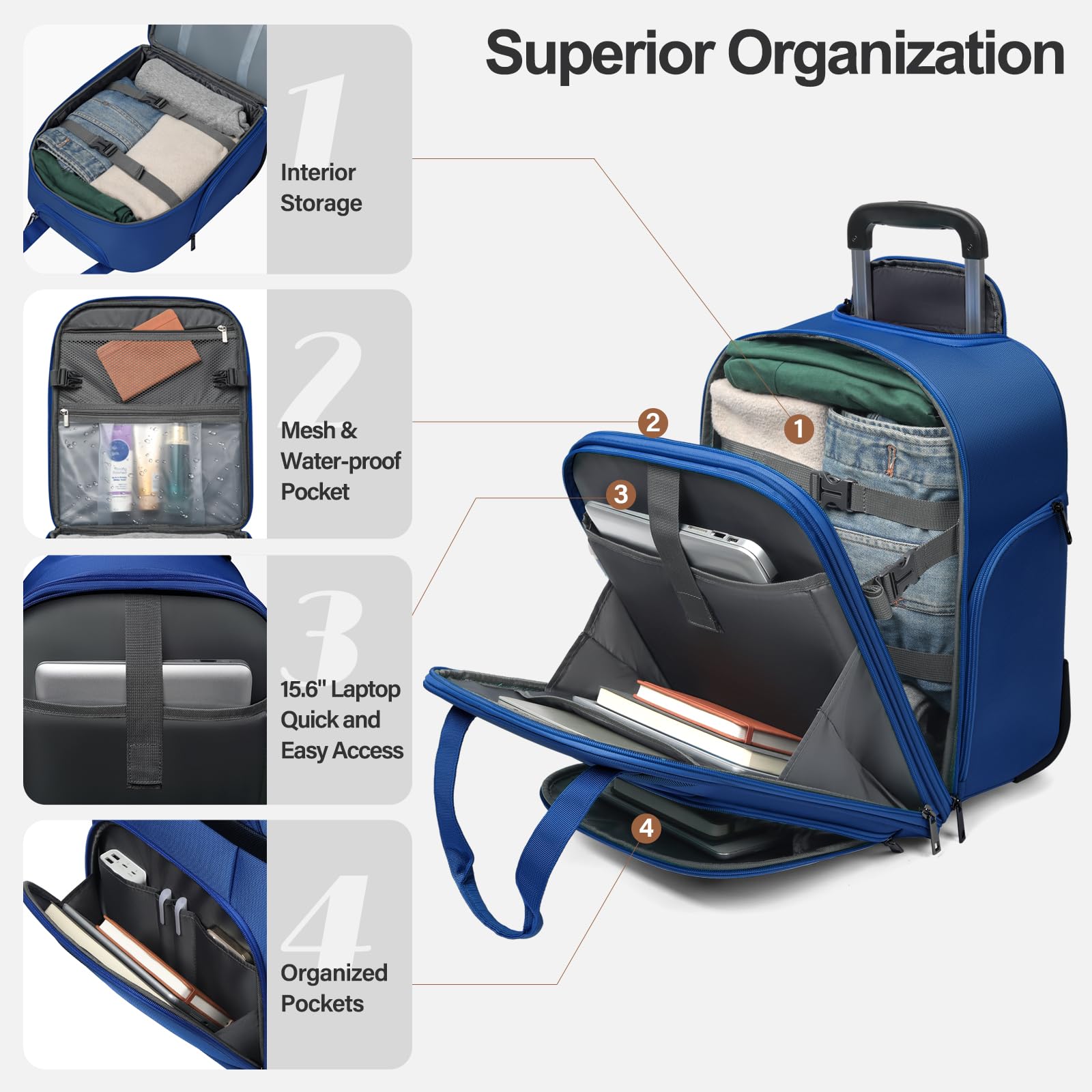 16-Inch Lightweight Underseat Carry-On Luggage with Wheels - Soft-Sided Weekender Overnight Bag for Women & Men, Fits 15.6