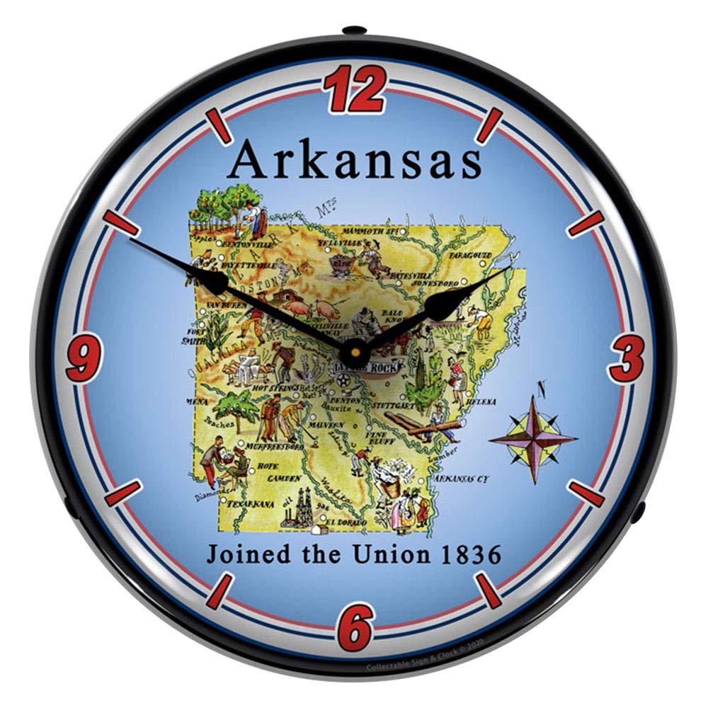 Vintage 14 Inch LED Wall Clock - Retro Lighted Arkansas State Decor for Home, Office & Cafe