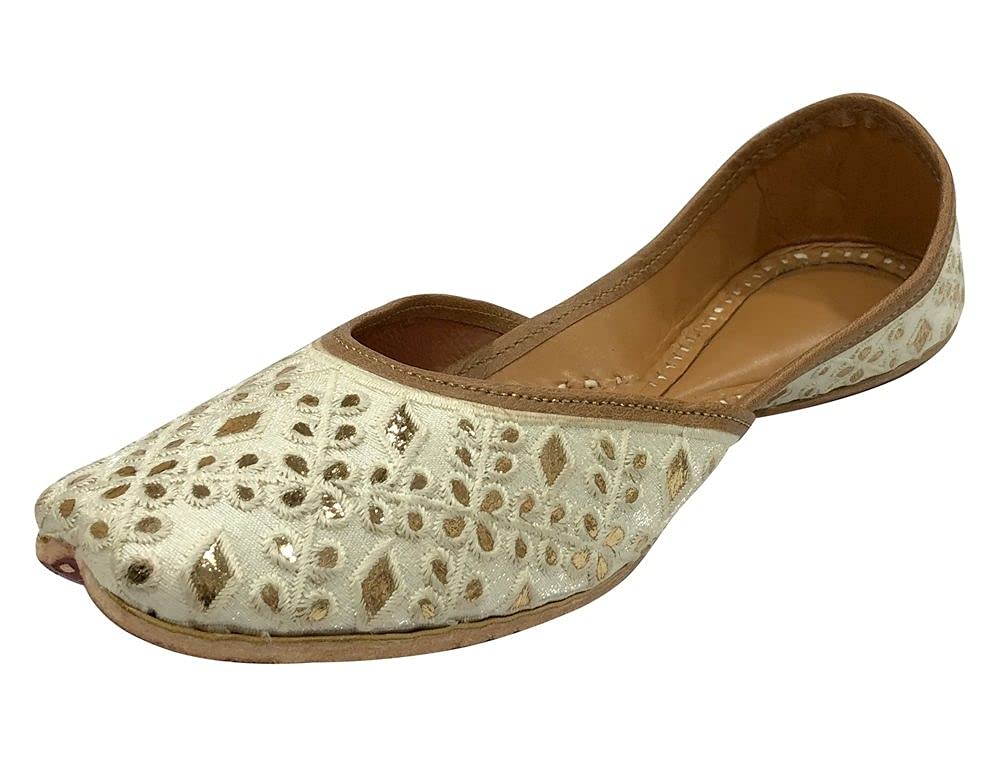 Handmade Indian Ethnic Beaded Jutti Flats for Women - Cream Bohemian Traditional Punjabi Sandals | Perfect for Weddings, Festivals & Cultural Events