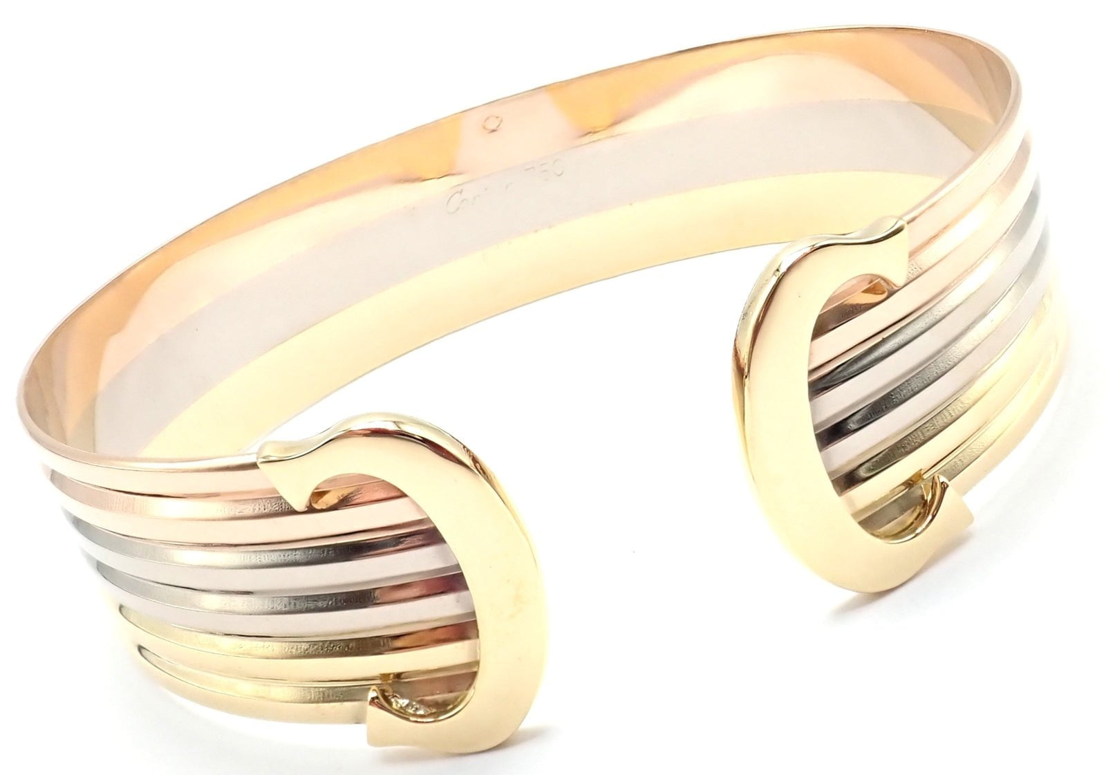 Authentic Cartier 18k Tri-Color Gold Double C Wide Cuff Bangle Bracelet for Women - Luxury Jewelry Gift for Anniversary, Birthday & Special Occasions