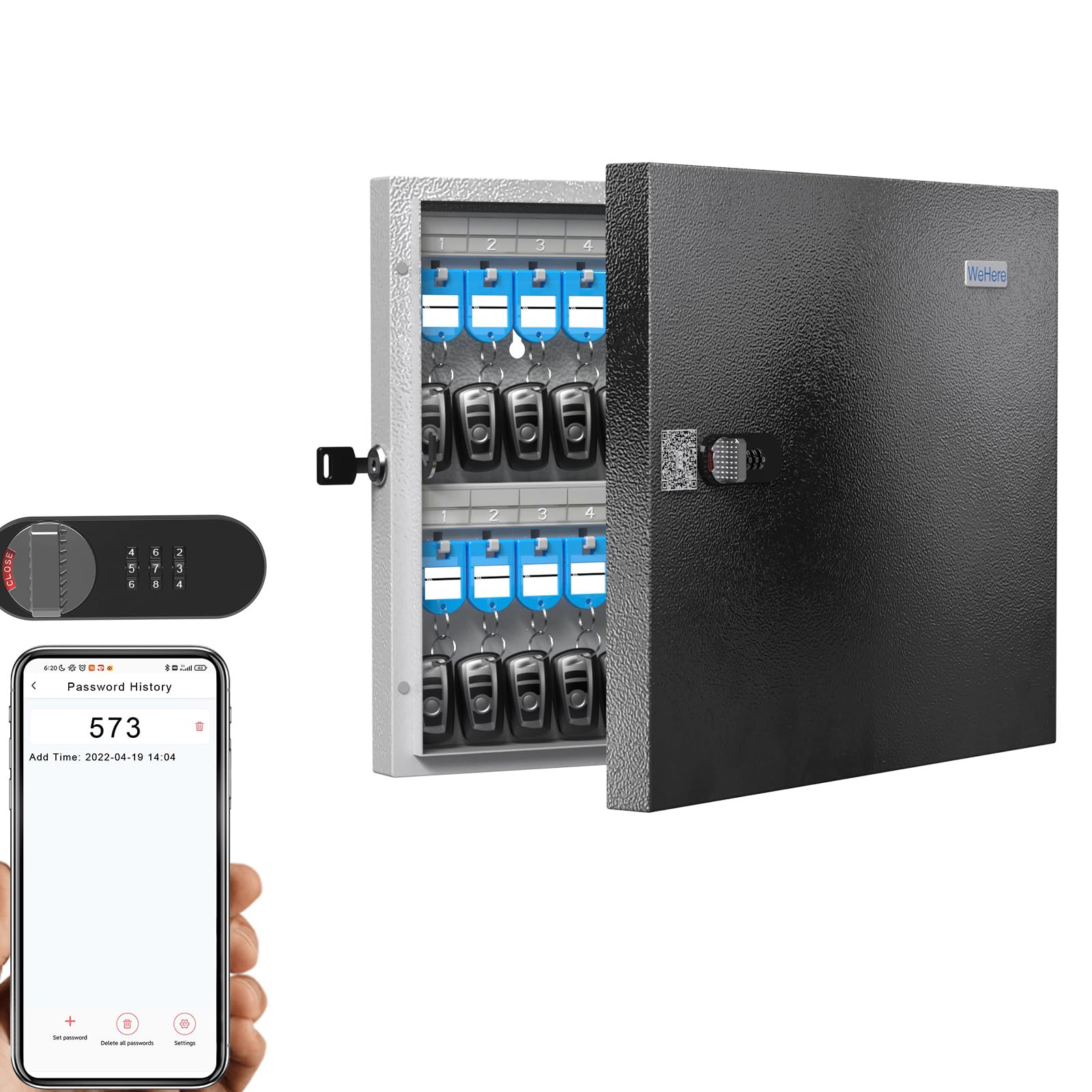 WeHere 48 Key Lock Box Wall Mount - Smart Key Cabinet with Bluetooth, Wi-Fi, One-Time Password & Fixed Code Unlock | Key Organizer Box for Apartment, Home, Office & School | Secure Key Management for Airbnb Hosts, Property Managers & Maintenance Crews