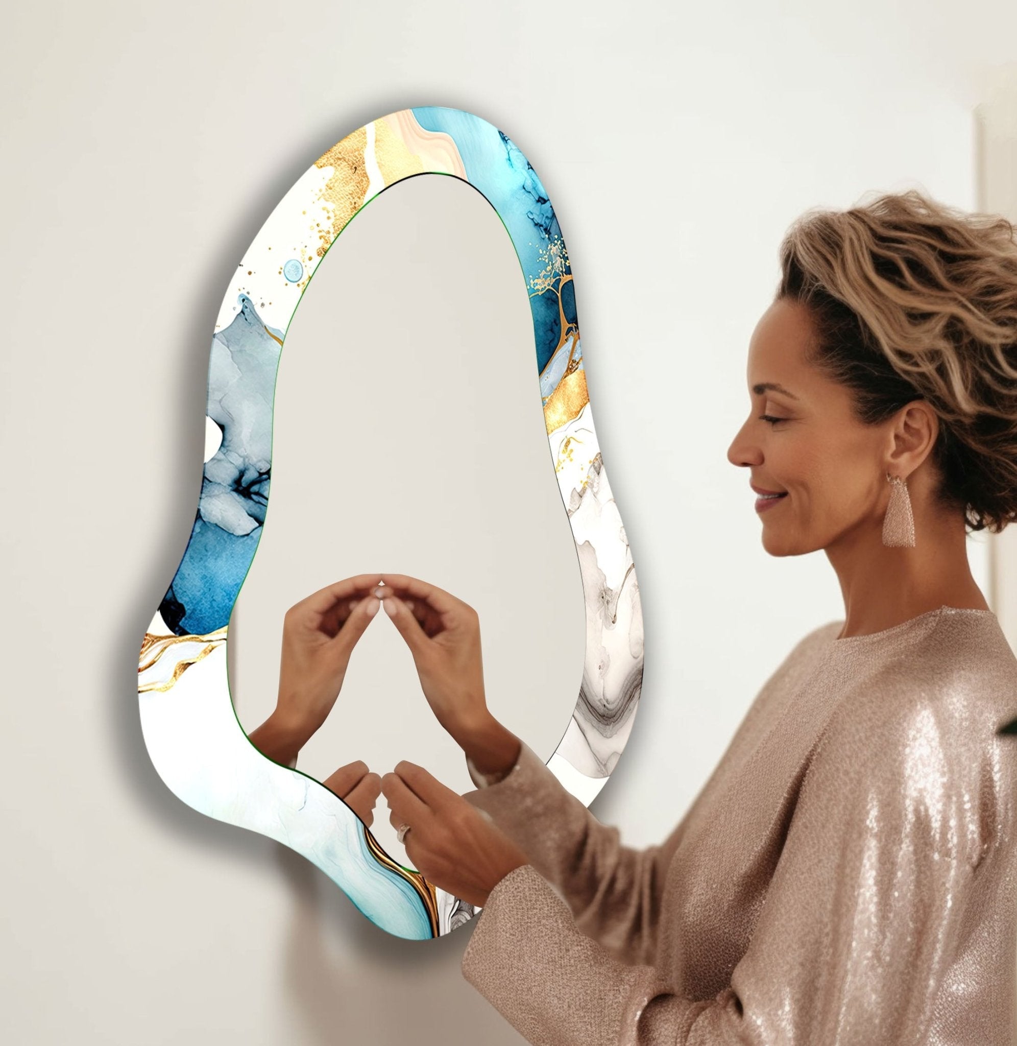 Blue Alcohol Ink Wall Mirror - Large Decorative Mirror for Living Room, Bedroom & Bathroom - Handcrafted Modern Art Home Decor